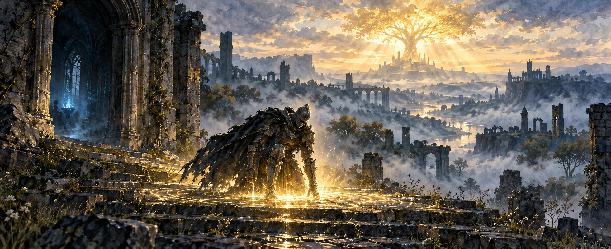 A hunched armoured figure rises from a pool of golden light on ruined church steps, a great glowing tree on the horizon.
