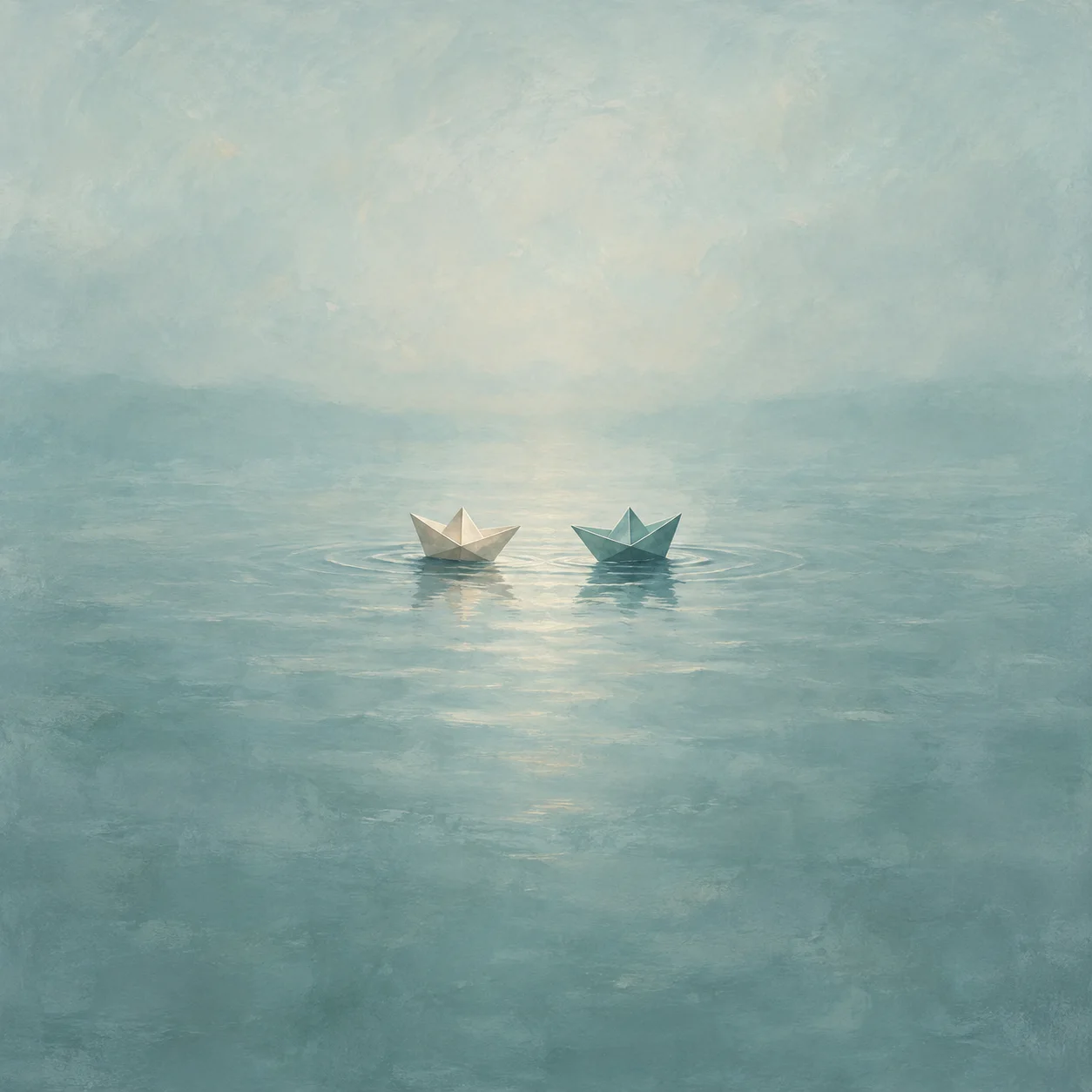 Two small paper boats, one cream and one teal, float side by side on softly rippled pale blue water.