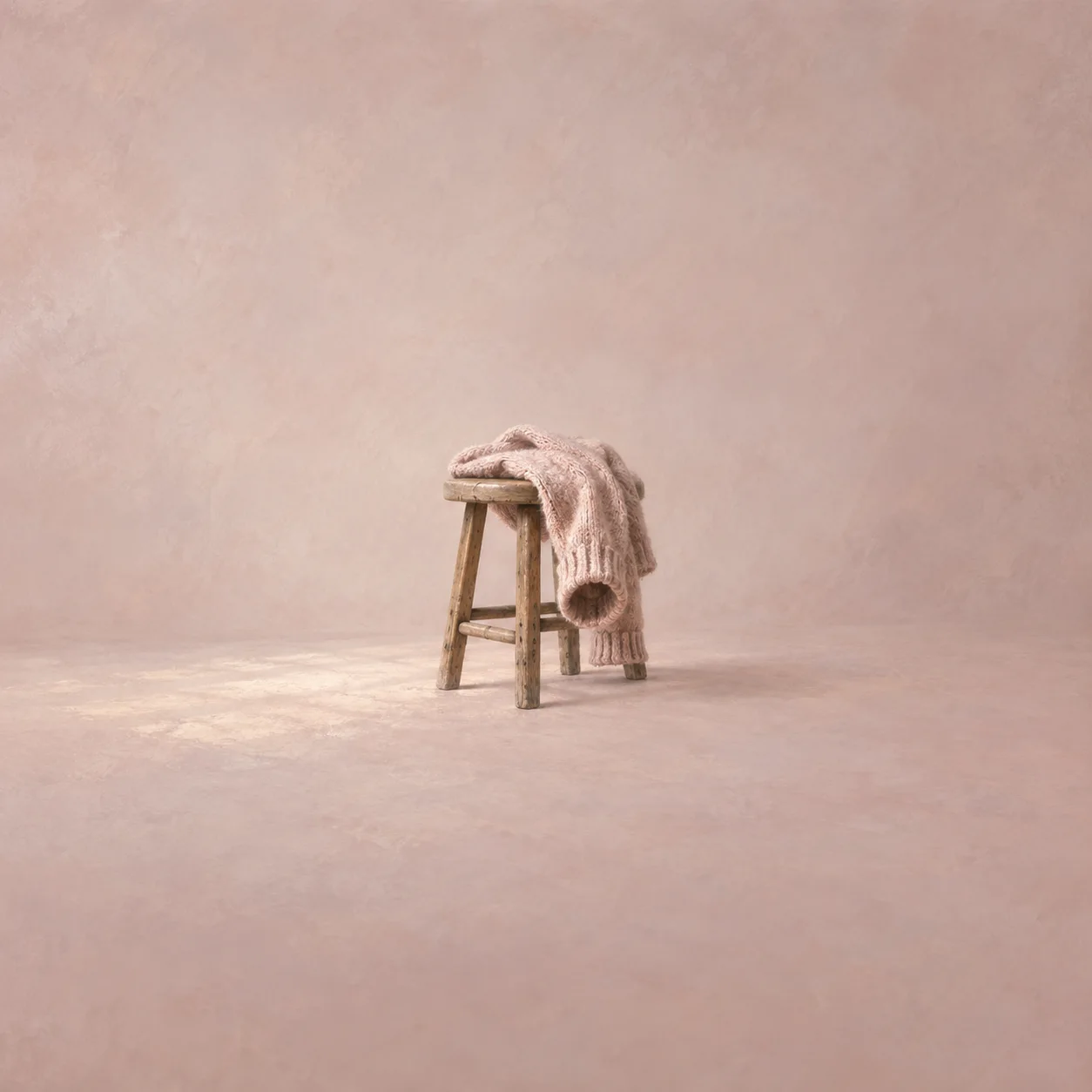 A pale pink knitted garment drapes over a wooden stool with an empty sleeve hanging down.