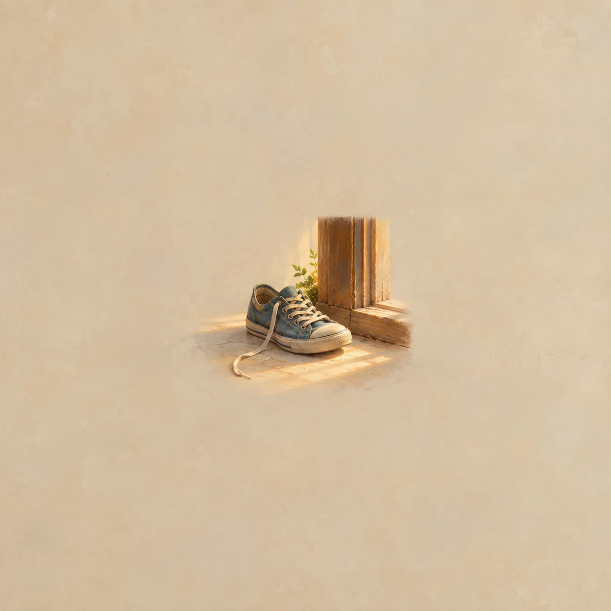 A blue canvas sneaker with a loose lace rests beside a small wooden threshold in warm light.