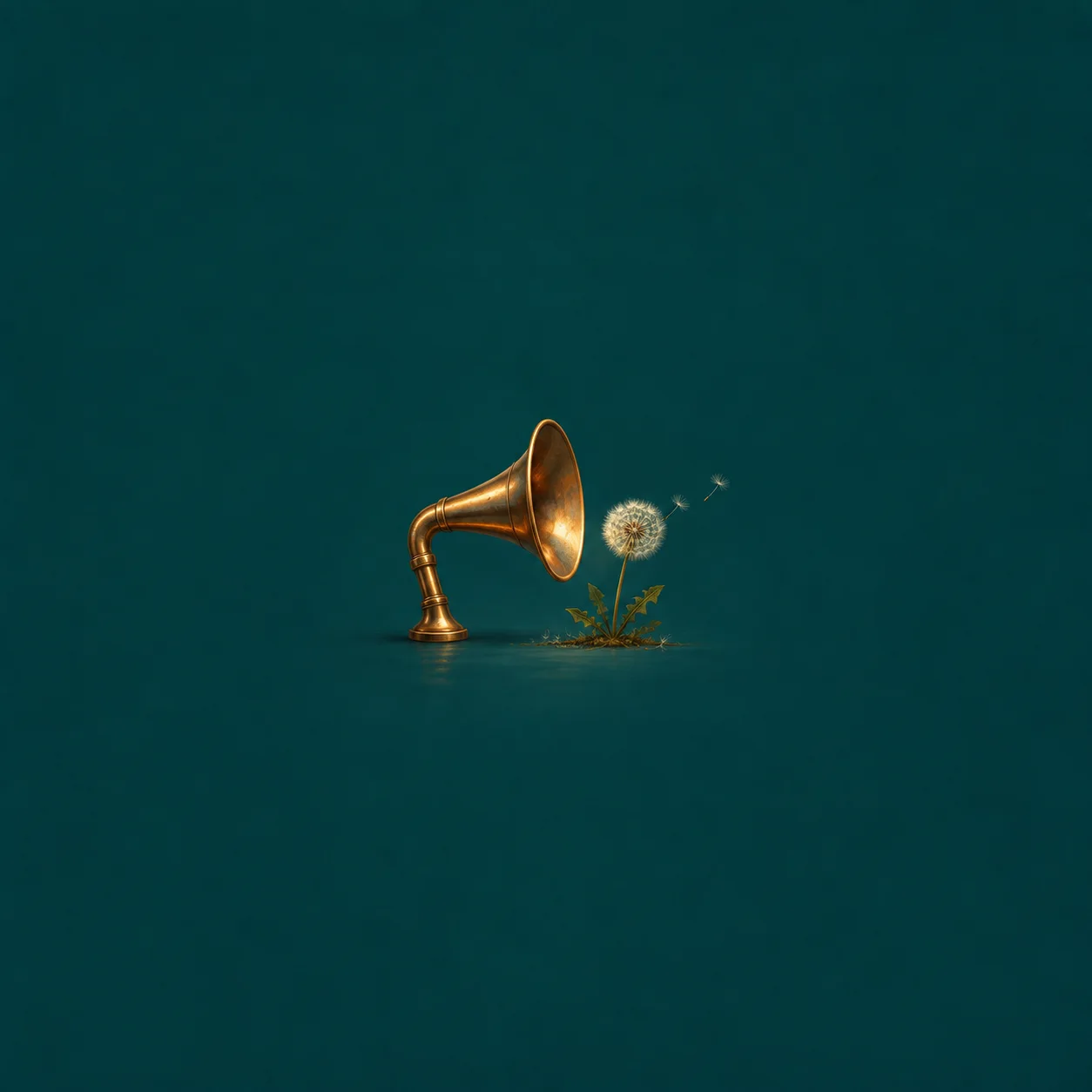 A brass ear trumpet faces a dandelion seed head and drifting seeds against deep teal.