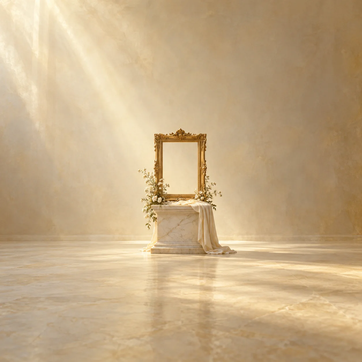 An empty ornate gold frame stands on a cloth-draped pedestal with small sprigs in soft golden light.