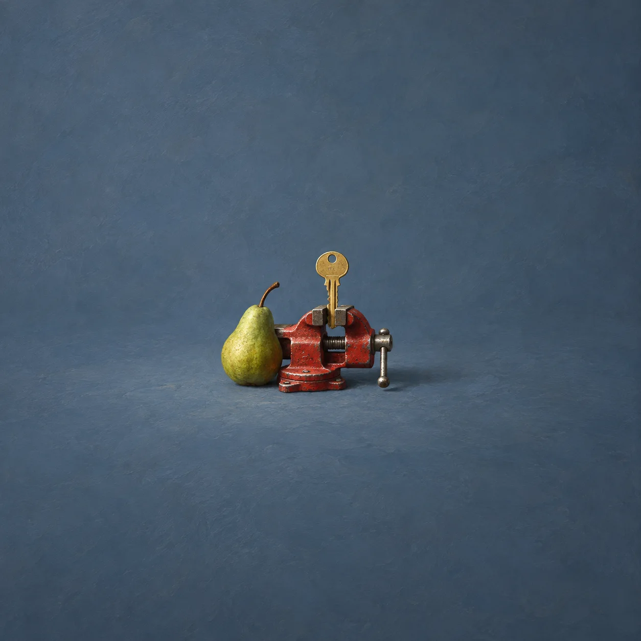 A brass key held upright in a small red vise beside a green pear on a slate-blue surface.
