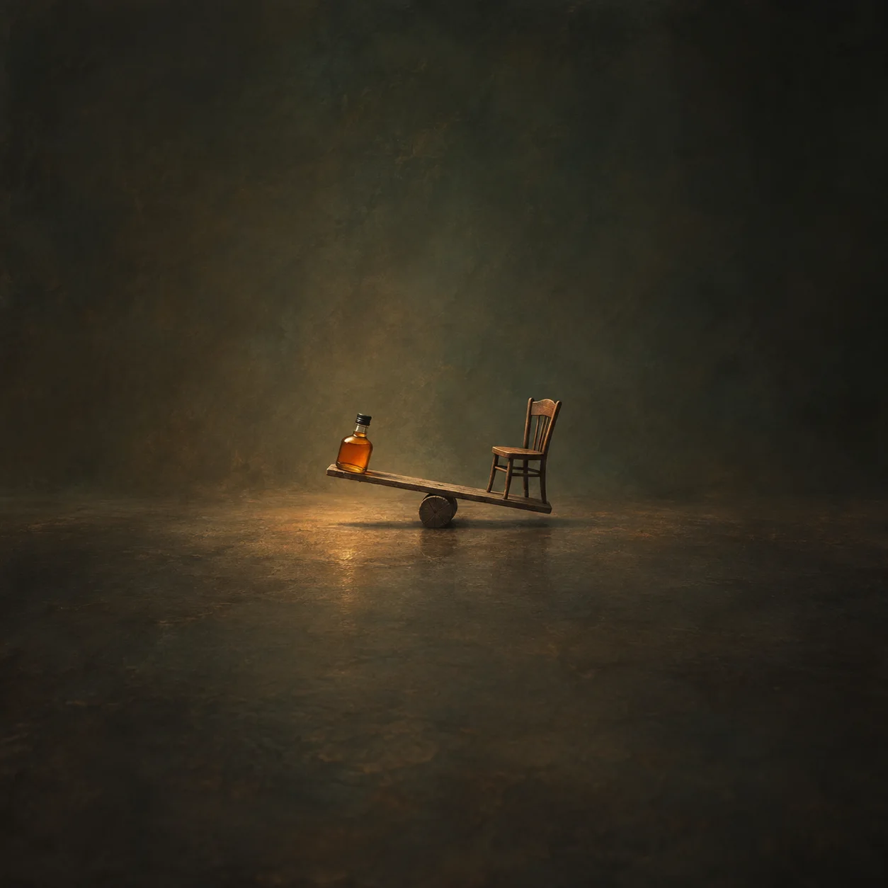 An amber bottle and an empty wooden chair on opposite ends of a small seesaw against a dark background.