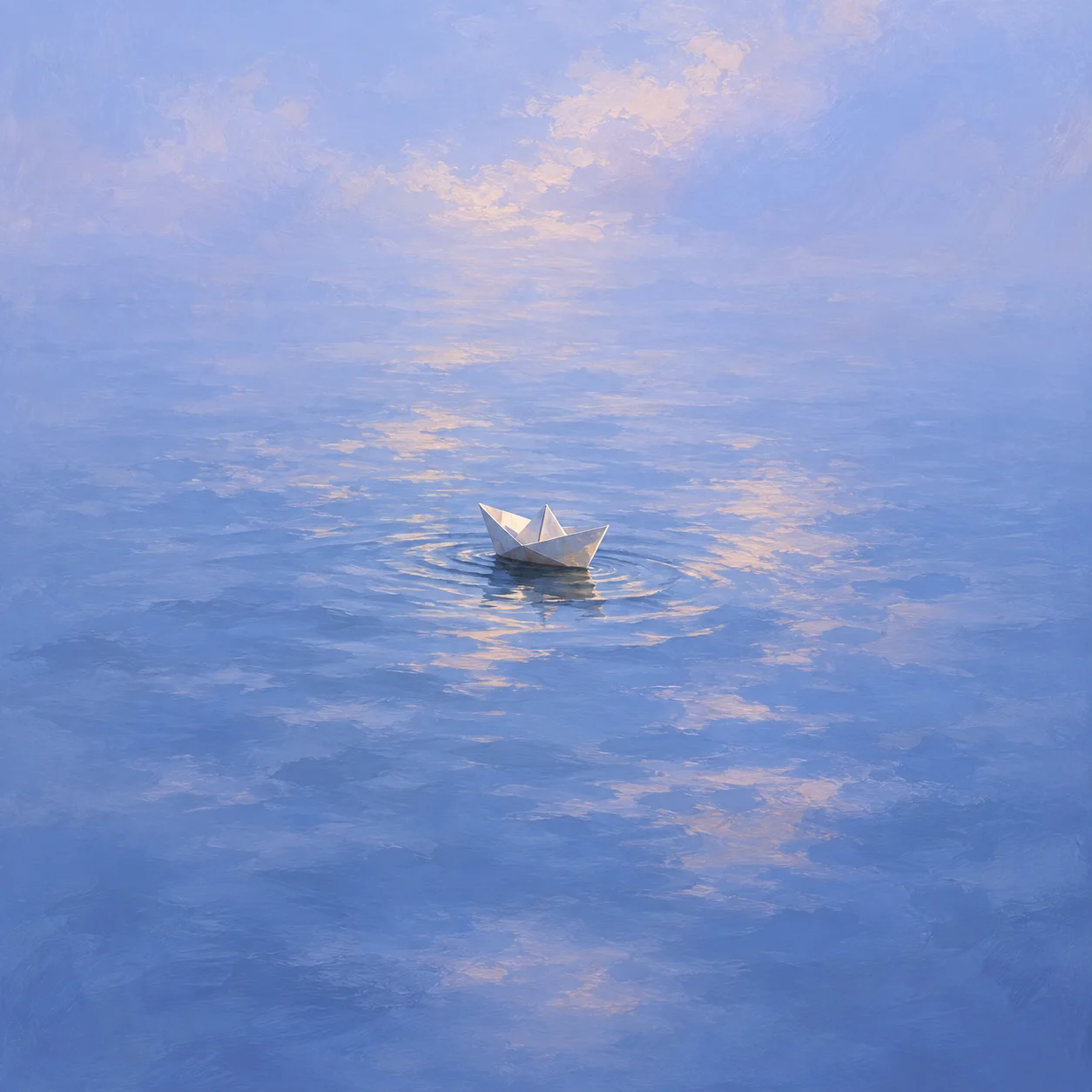 A small white paper boat floats on rippling blue water beneath soft reflected light.