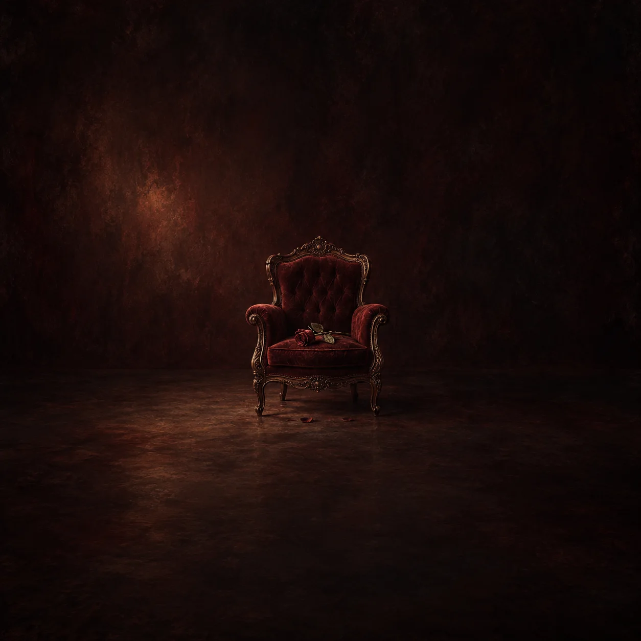 Painterly empty burgundy velvet armchair with a wilted rose on its seat in a dark room.