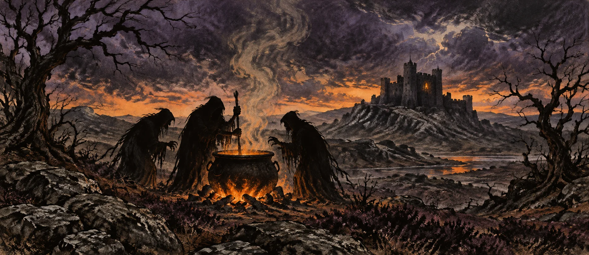 Three hunched witches stir a smoking cauldron on a bleak heath at dusk, a dark castle on the hill behind.