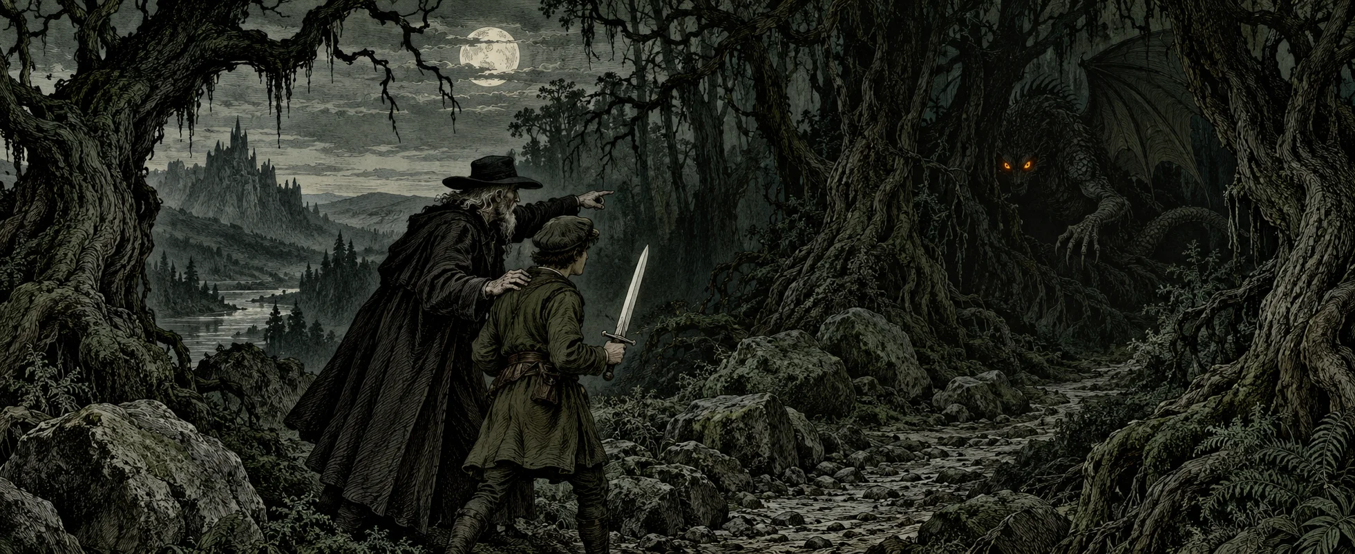An old man in a wide hat points into a dark twisted wood as a youth with a sword peers ahead, a monstrous shape with burning eyes lurking among the trees.