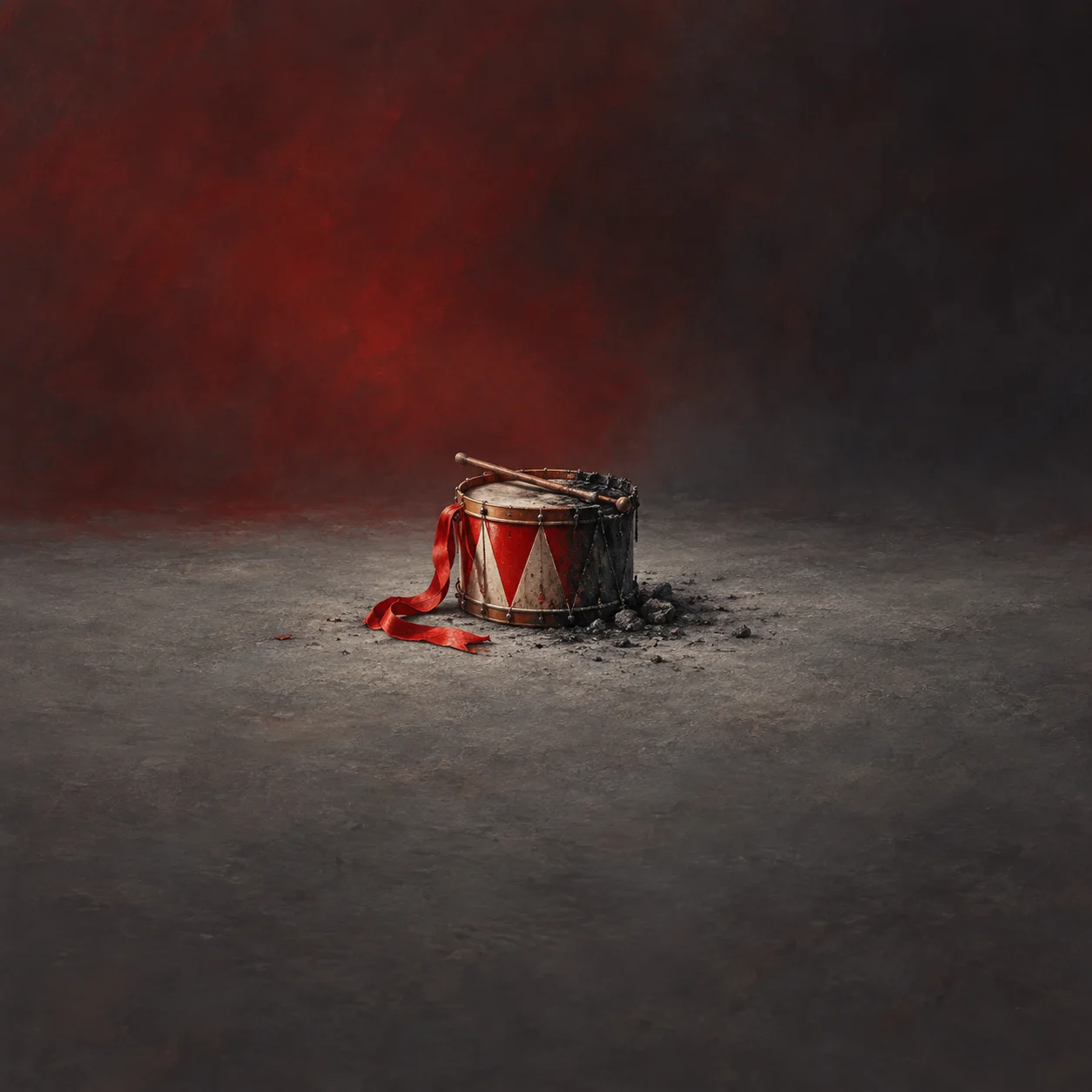 A small drum with a red ribbon on one side and a blackened rim on the other, resting on ash-grey ground.