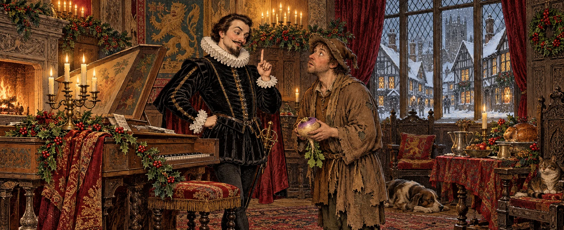 Hand-tinted engraving of a candle-lit Tudor chamber at Christmas: a smug courtier in a black doublet and ruff raises one finger beside a holly-draped harpsichord while a scruffy servant holding a turnip gazes up at him.