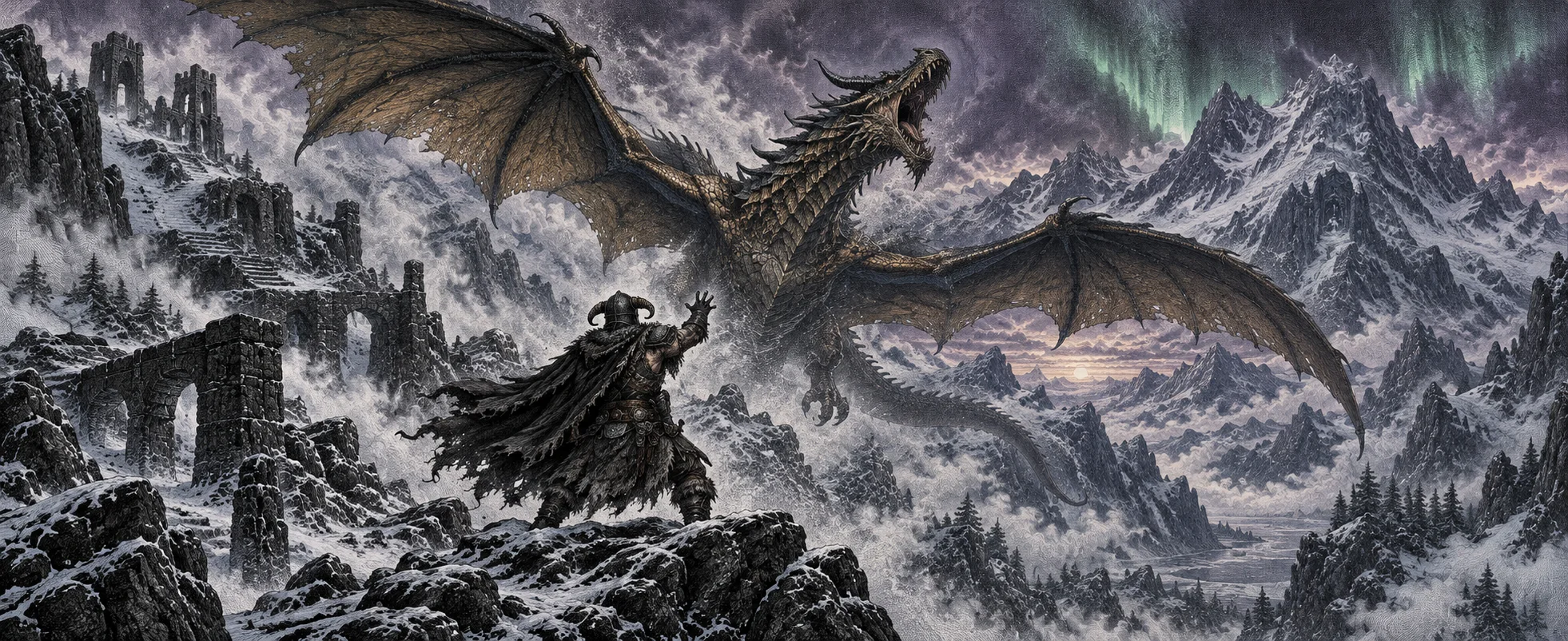 A lone warrior in a horned helmet and fur cloak raises an arm toward a vast dragon wheeling over snowy mountain peaks under a green aurora, in fine etched black and white.