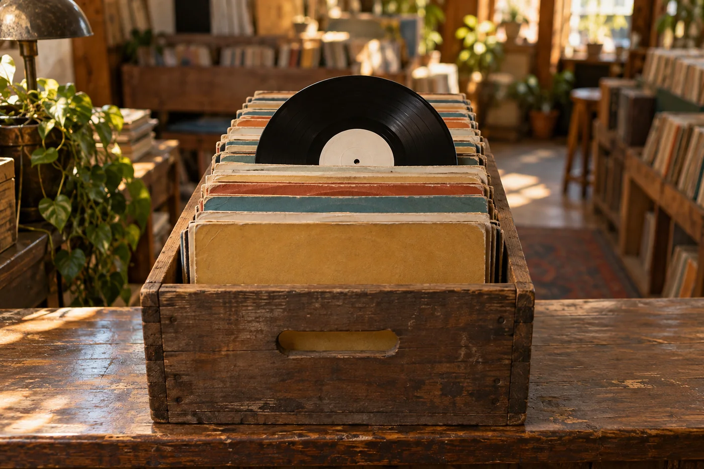 Plain record sleeves and a black vinyl record fill a worn wooden crate.
