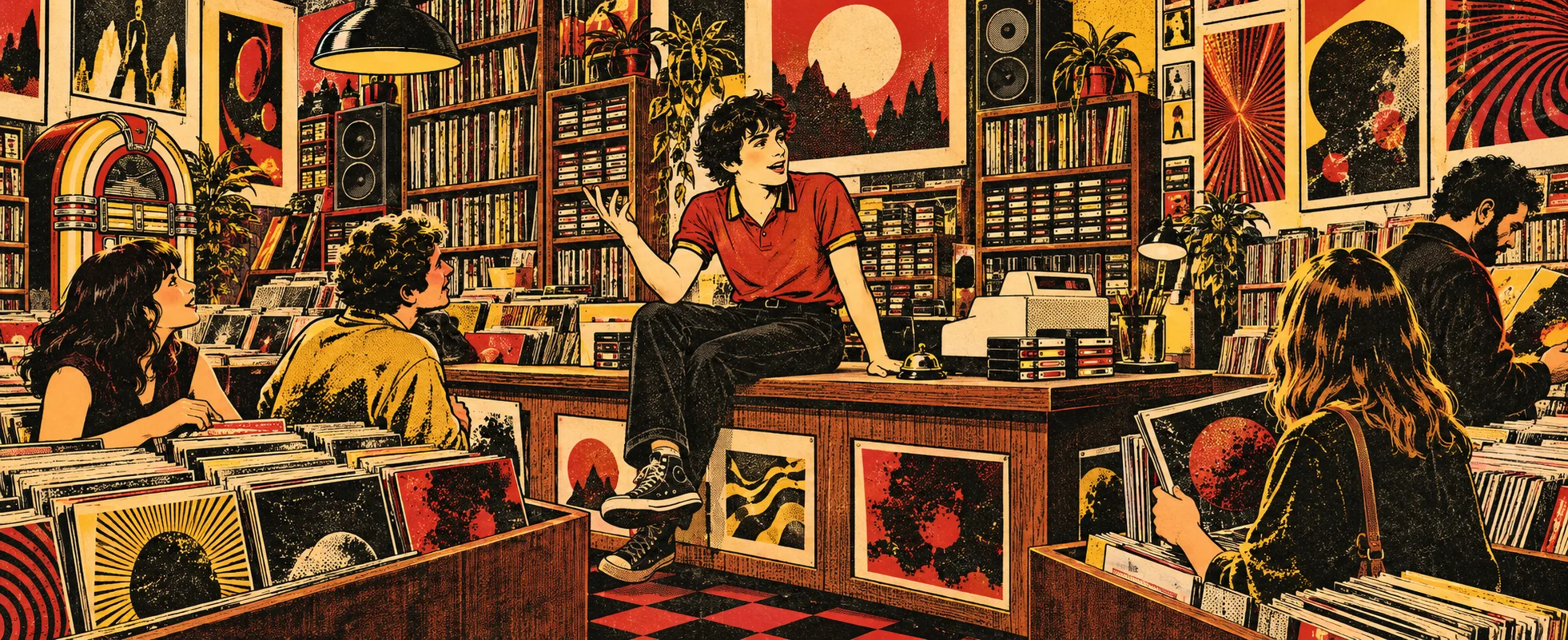 A young clerk perches on the counter of a cluttered independent record store, mid-speech, as shoppers look up from the racks.