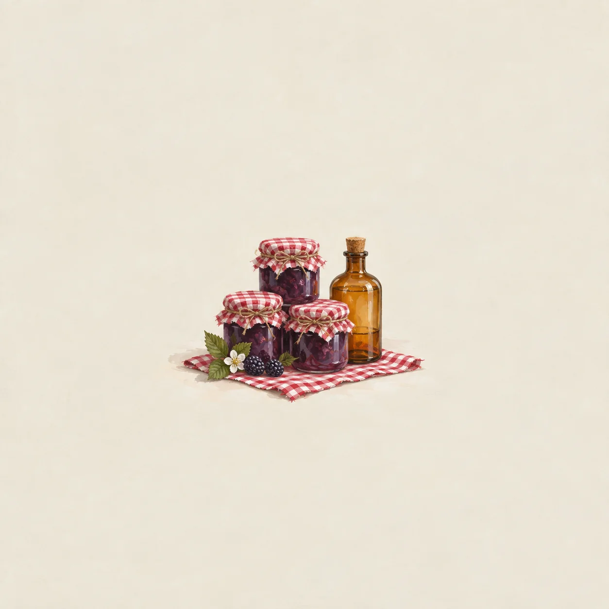 Three jars of purple jam and one amber bottle on a checked cloth.