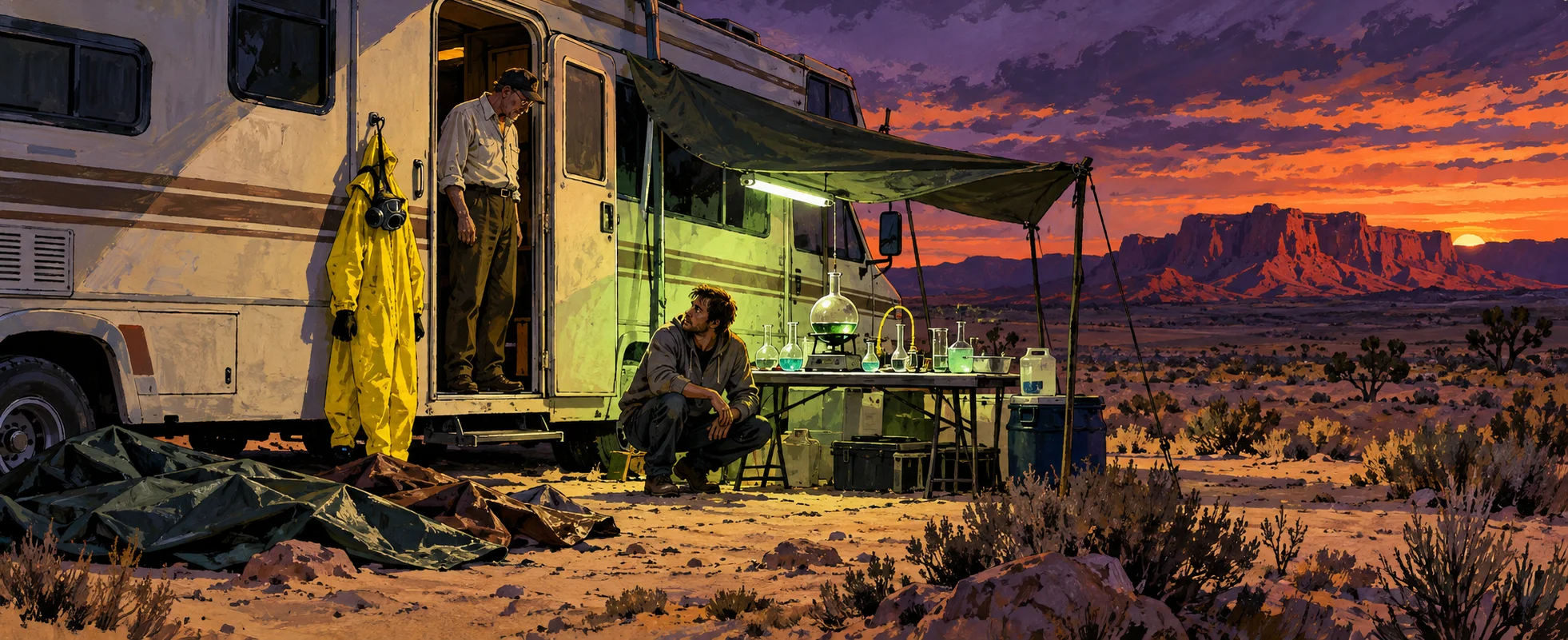 A battered white RV sits in the desert at sunset with a yellow hazmat suit hanging by its door, one man in the doorway and another crouched at a table of lab glassware.
