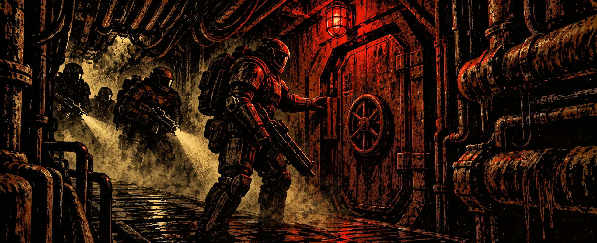 Armoured marines with flashlights advance through a steam-filled, red-lit corridor of pipes.