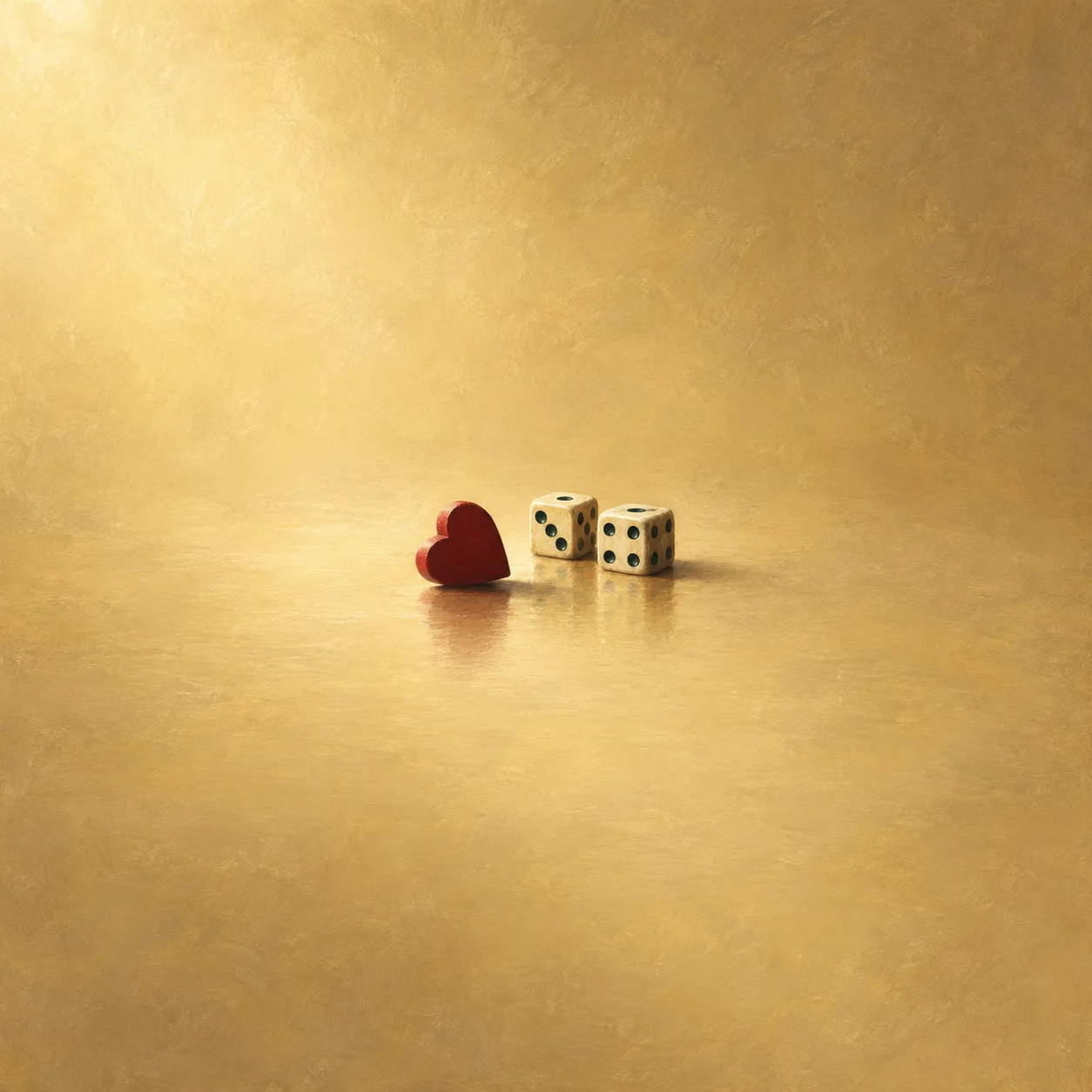 A red heart-shaped token beside two cream dice on a golden background.