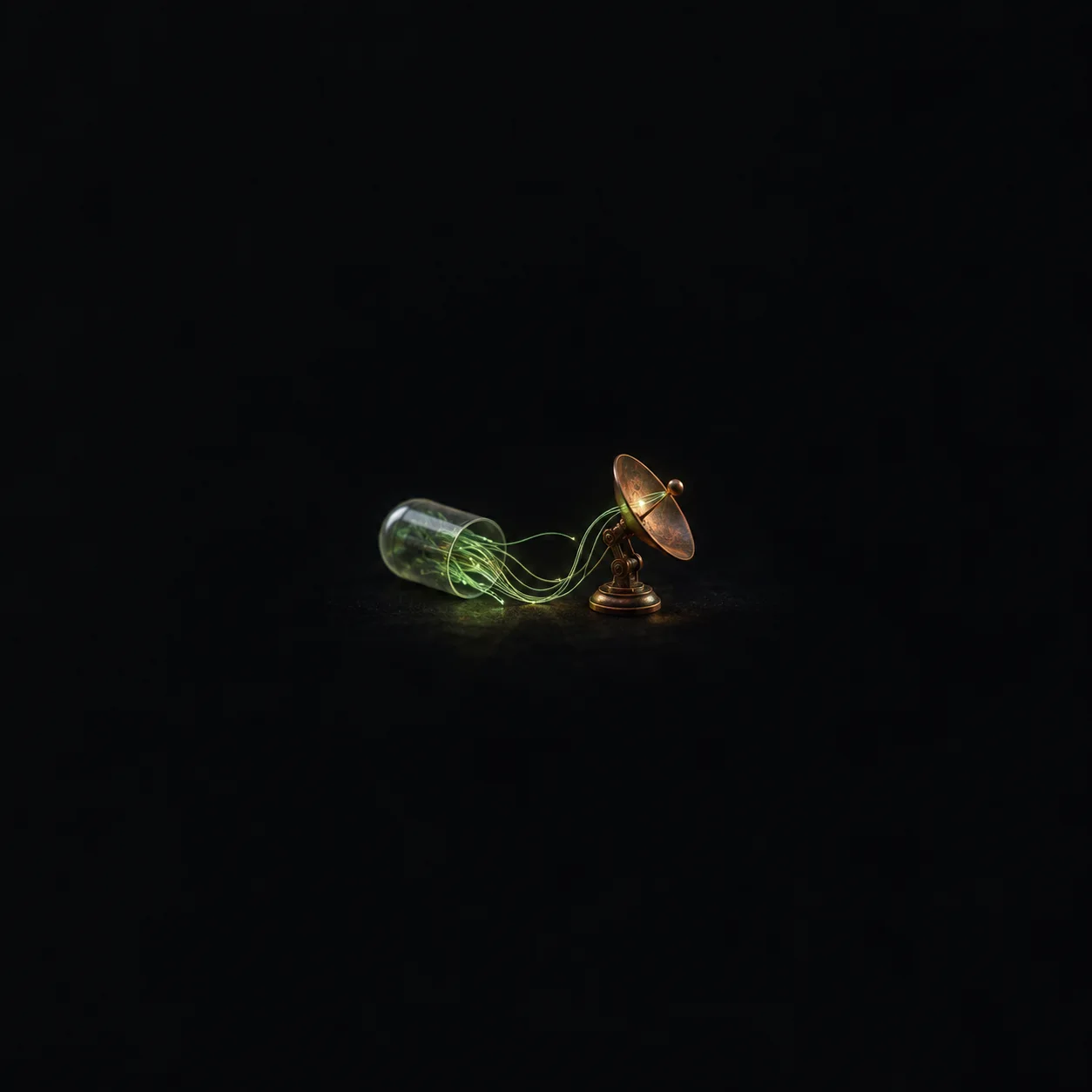 A clear capsule with glowing green strands trailing toward a small copper dish against a black background.