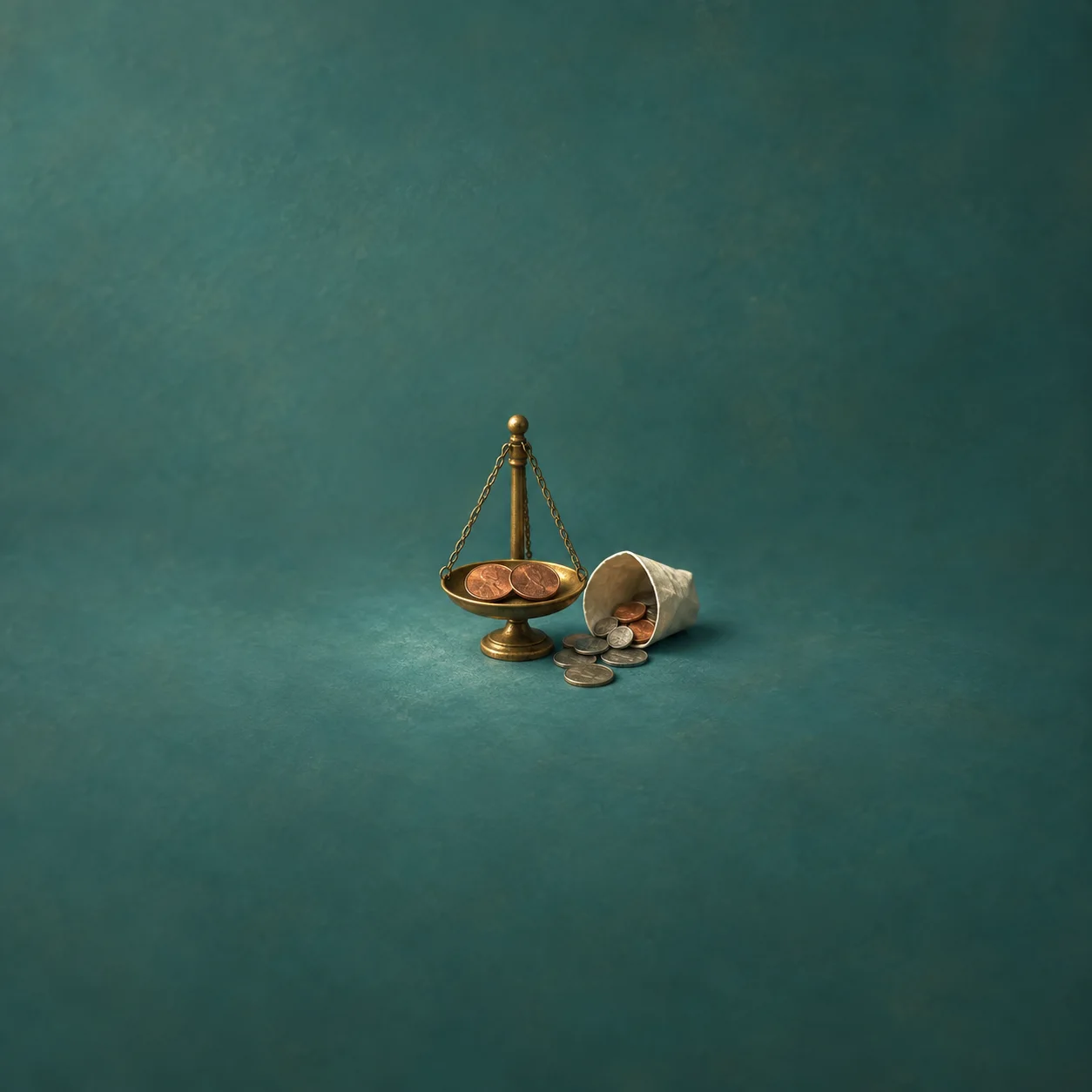 Two copper coins on a small brass scale pan beside a tipped paper cup of loose change.