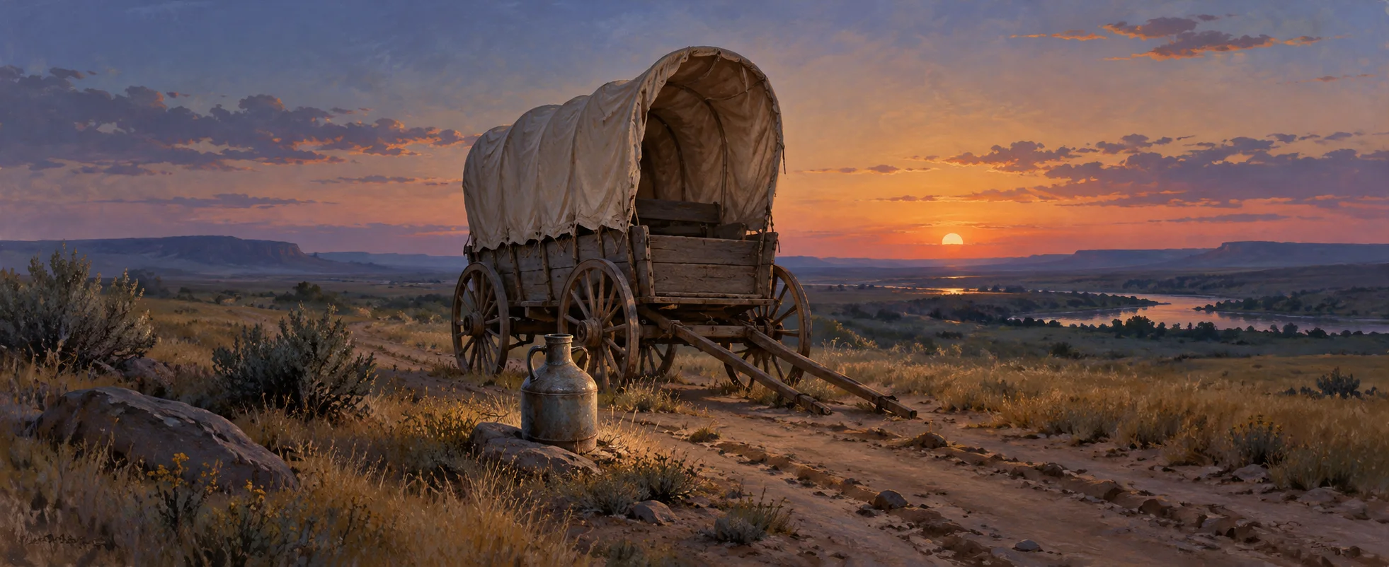 An empty wooden wagon stands beside a still water jug on a dusty prairie track at dusk.