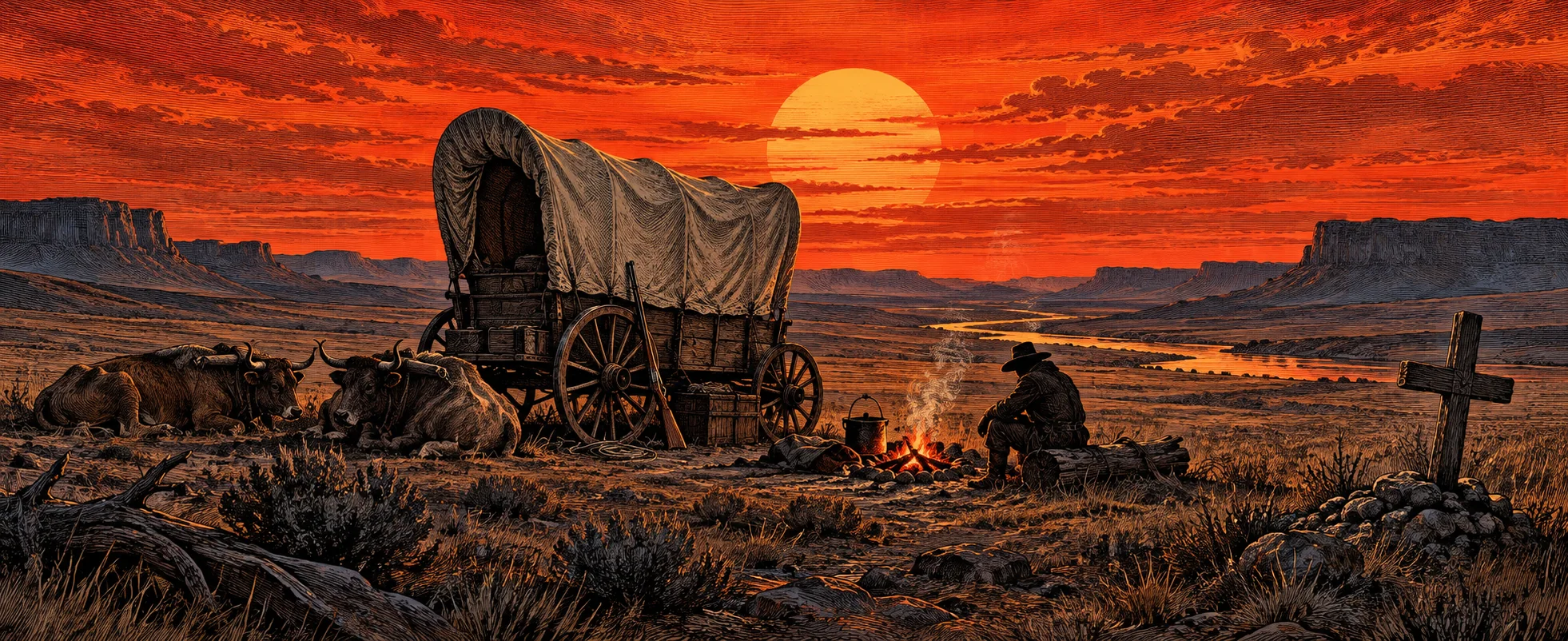 A covered wagon and unhitched oxen stand by a small campfire on the prairie at sunset beside a lone grave cross.