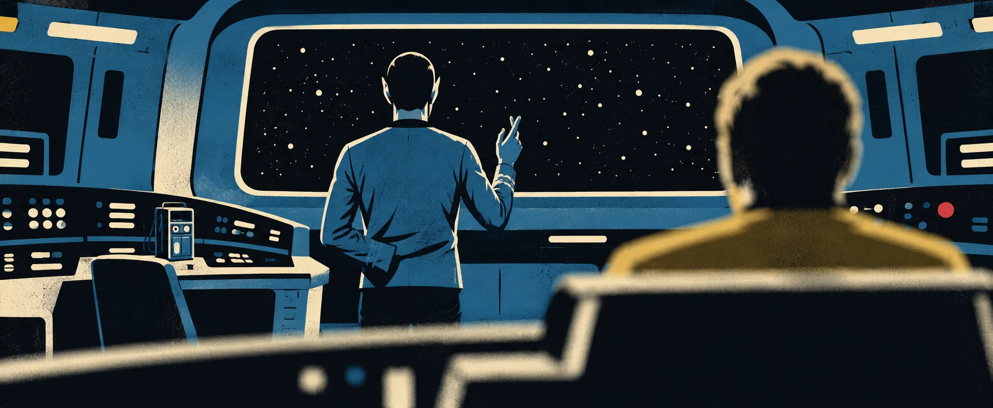Retro screen-print of a starship bridge seen from behind: a figure in a blue tunic with pointed ears stands at the viewscreen of stars, one hand raised, beside a captain's chair.