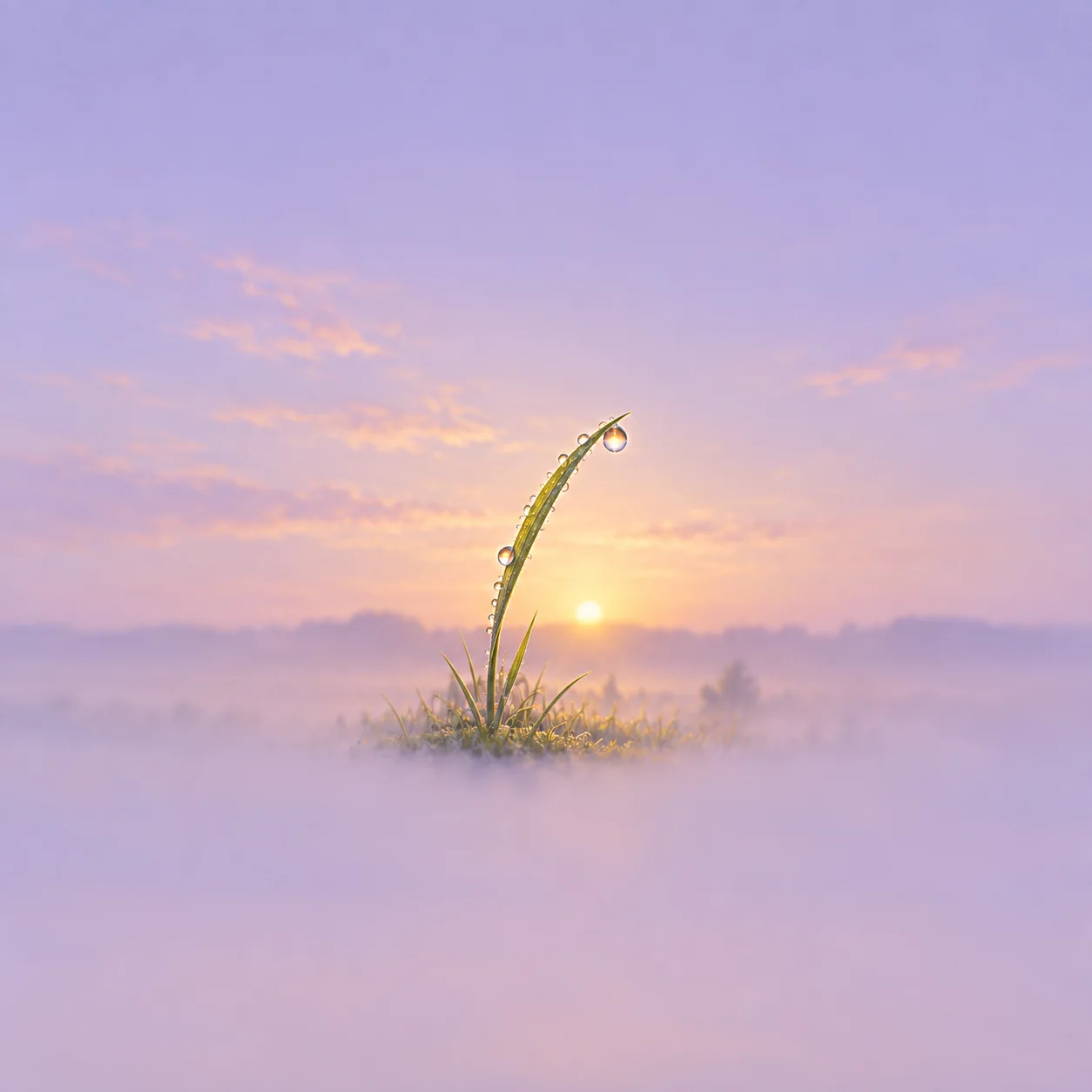 Painterly tall green grass blade holding dew drops against a lavender and gold dawn.
