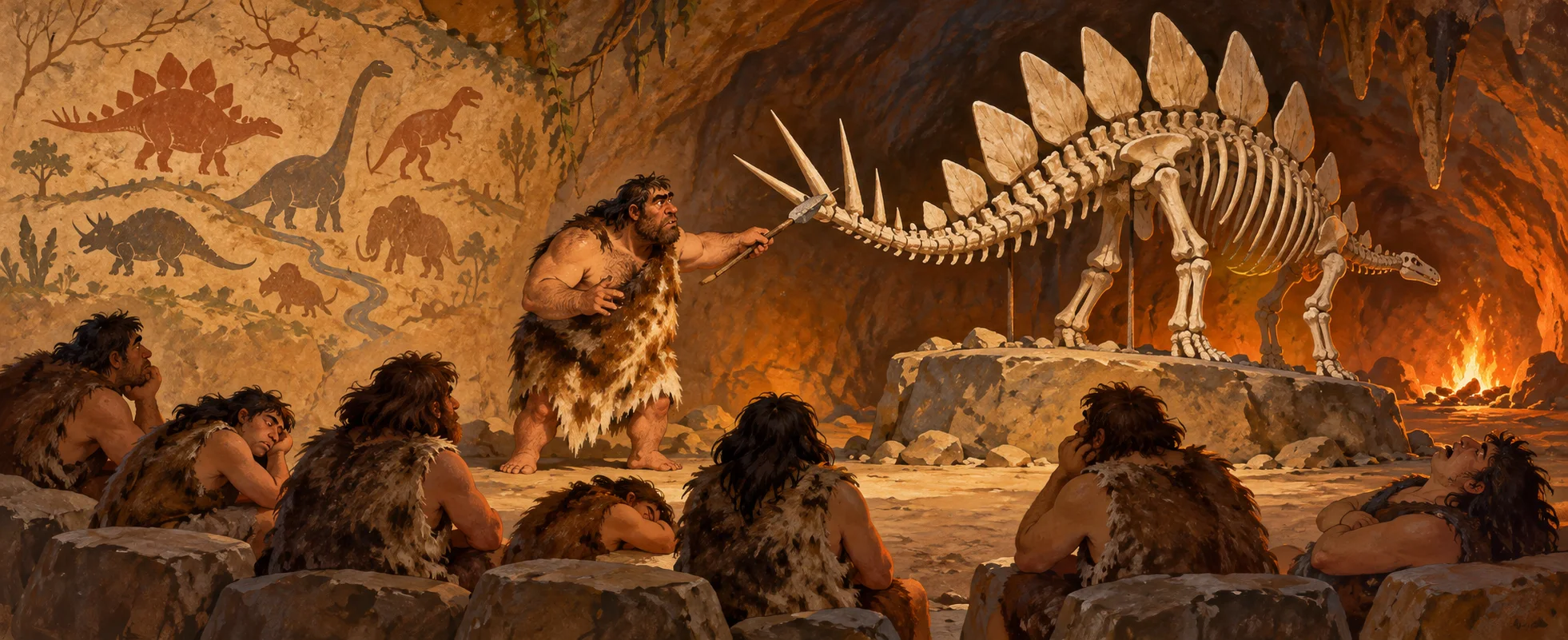 A caveman lecturer points a stick at the spiked tail of a stegosaur skeleton as a row of cavemen students sit on rocks in a firelit cave.