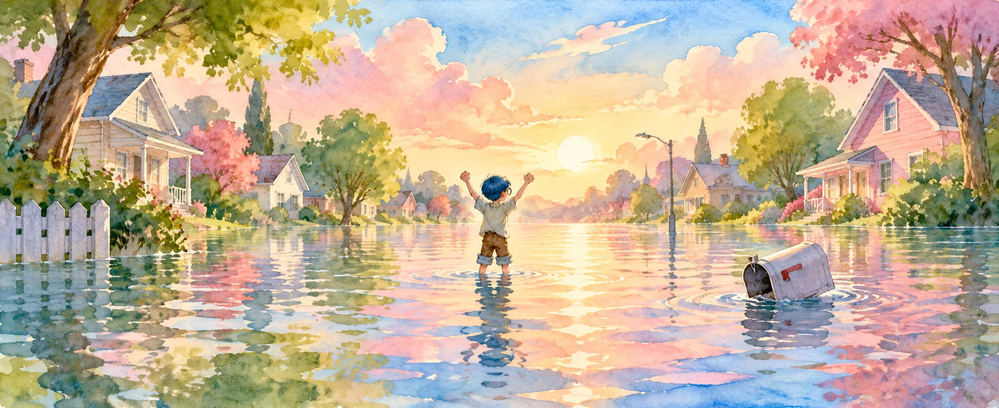 Watercolour illustration of a flooded suburban street at sunrise, a small boy with blue hair standing shin-deep in the water with both arms raised in triumph, a mailbox floating nearby.
