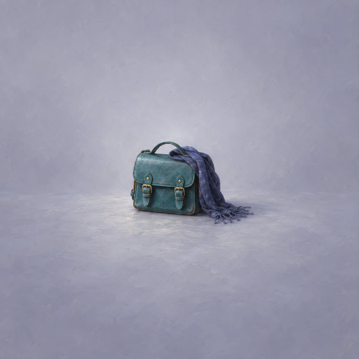 A small teal school satchel with an indigo scarf draped over it on a grey-violet floor.