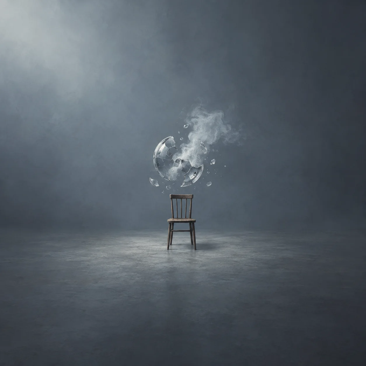 Painterly broken glass sphere and pale smoke suspended above an empty wooden chair.