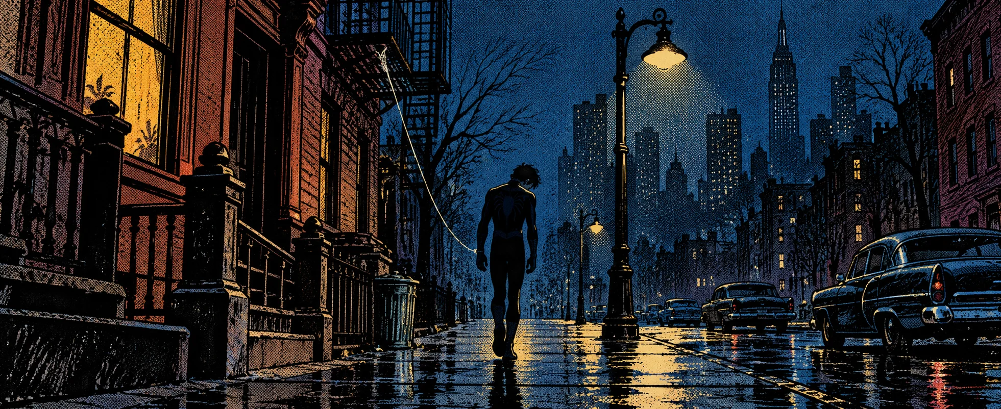 Silver Age comic illustration: a slim figure walks alone down a wet New York street at night under a lamp, a thin web line trailing up to a fire escape, the skyline behind him.