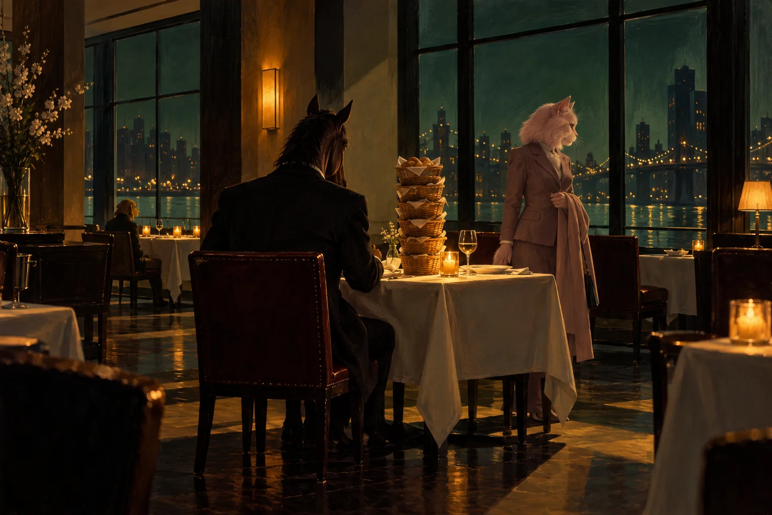 A horse in a dark suit sits at a restaurant table as a pink cat in a coat stands to leave, the night city beyond the window.