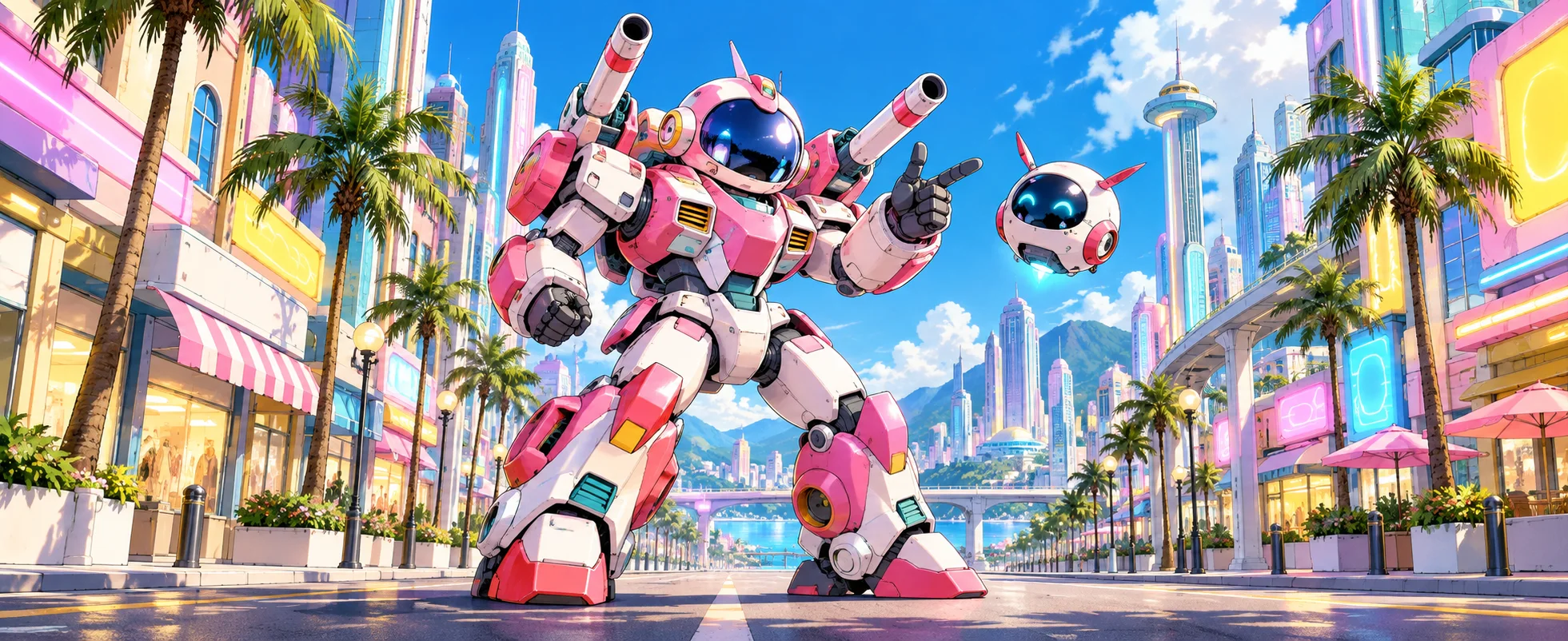 A pink and white mech with cannons strikes a pose on a sunny palm-lined city boulevard.