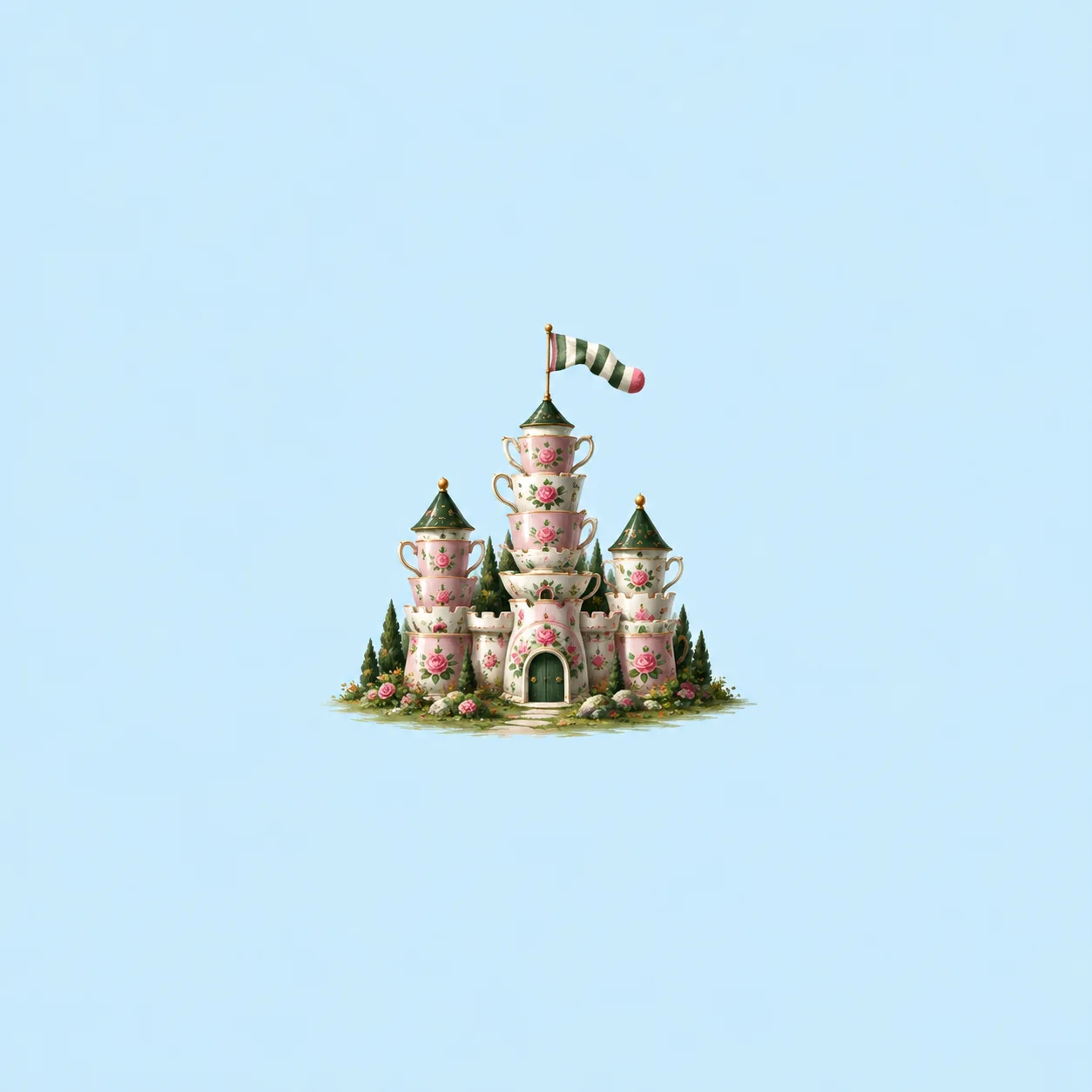 A miniature castle made from floral teacups is topped by a striped sock flag against a light-blue background.