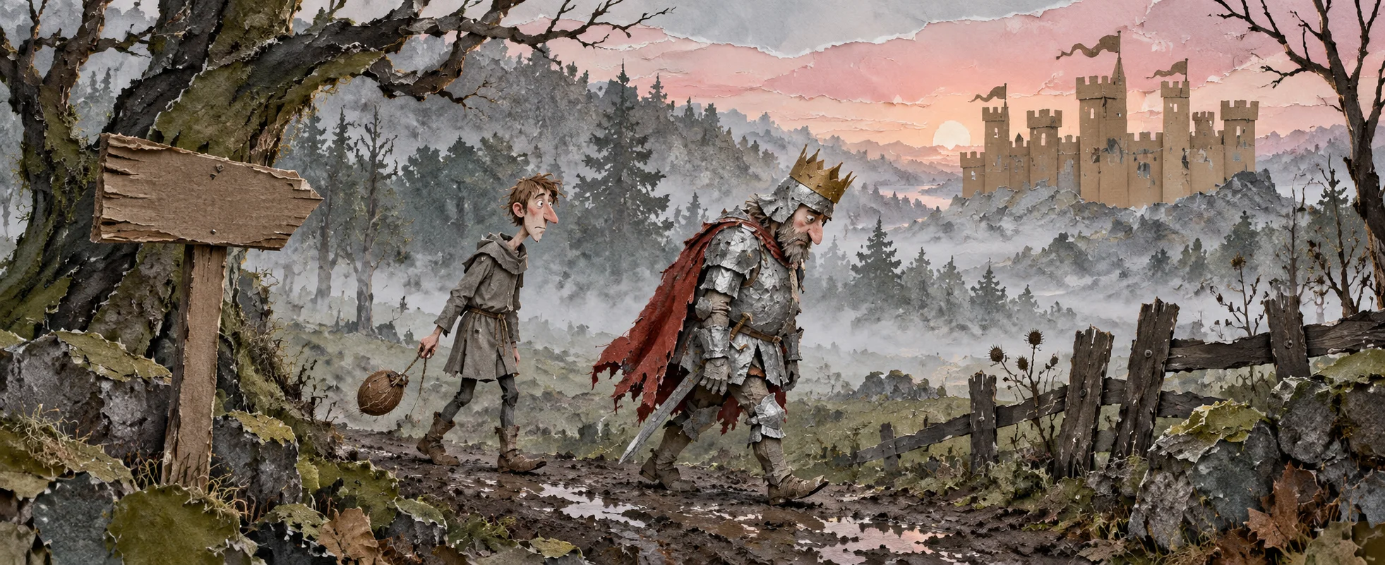 A crowned king and his squire trudge through a muddy field away from a distant castle at dawn.