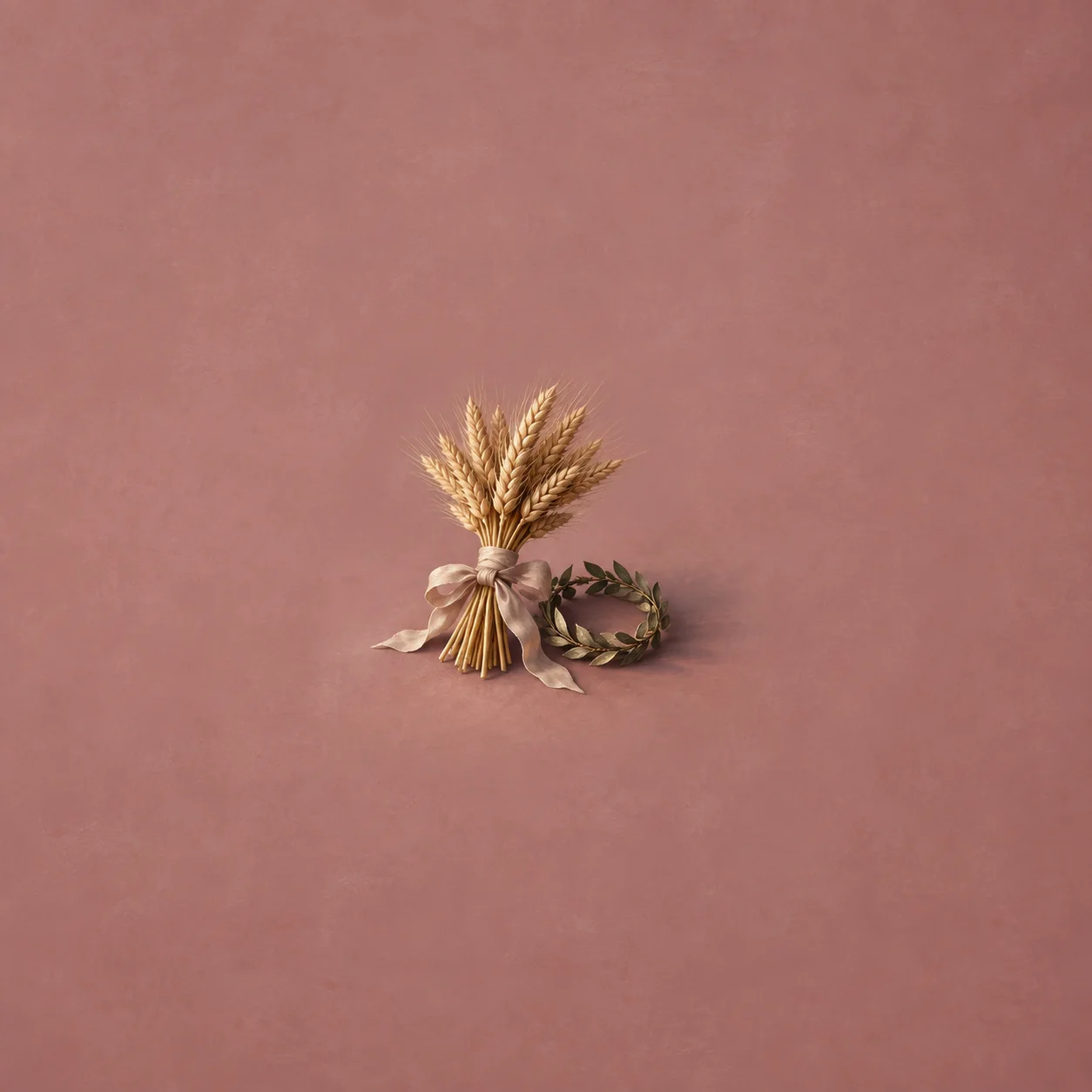 A golden wheat sheaf tied with ribbon beside a small woven laurel ring on a dusty-rose background.