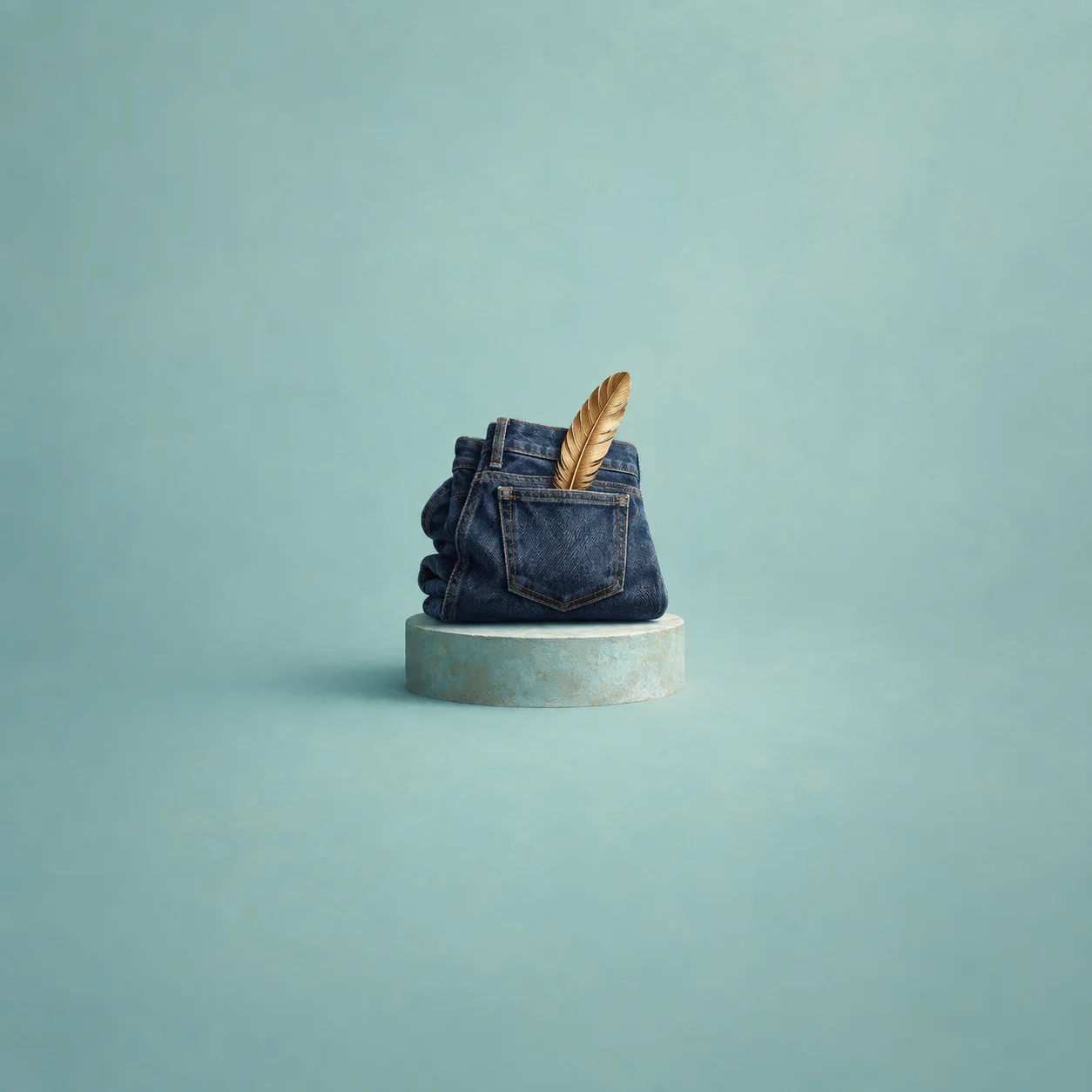 Folded blue jeans stand on a small round pedestal with a golden feather tucked into a pocket against teal.