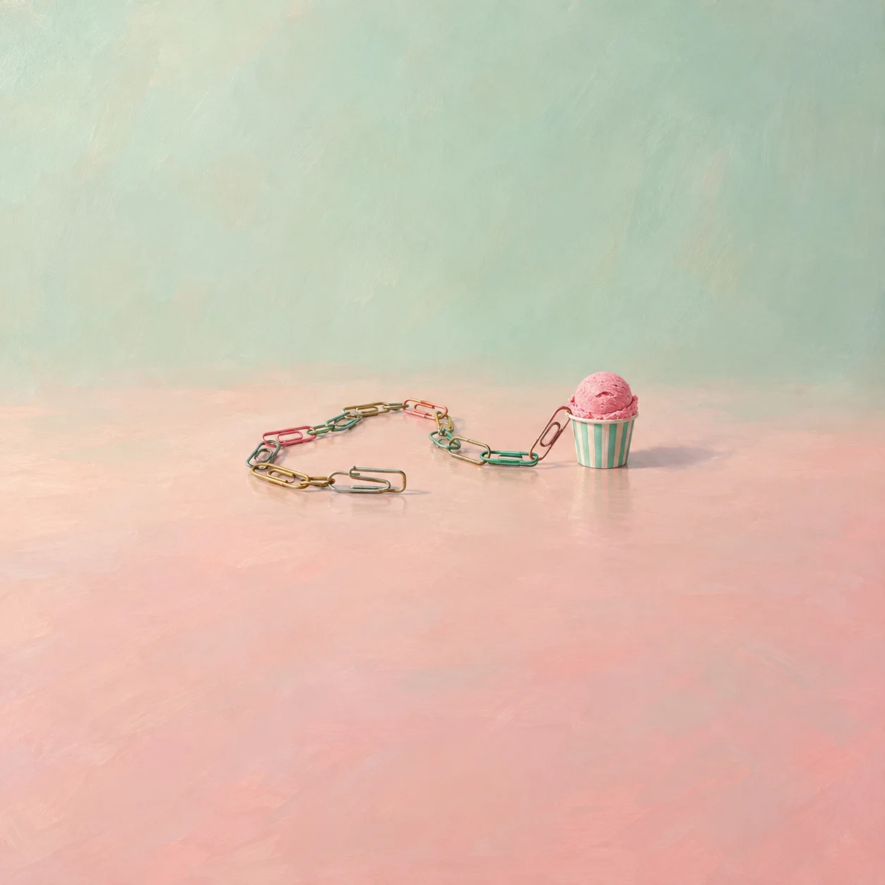 A chain of coloured paper clips leads to a small striped cup holding pink ice cream.