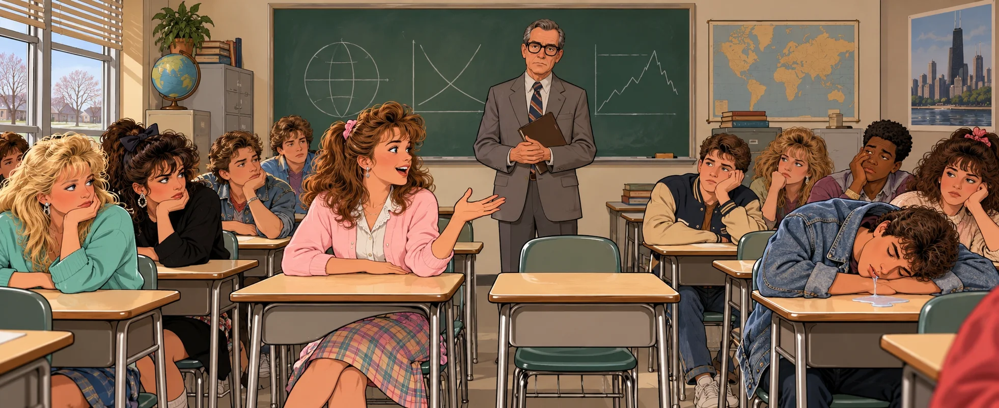 A dull economics class of bored 1980s teenagers, one asleep on his desk, while a girl in a pink cardigan turns to explain and the teacher waits with his roll book.