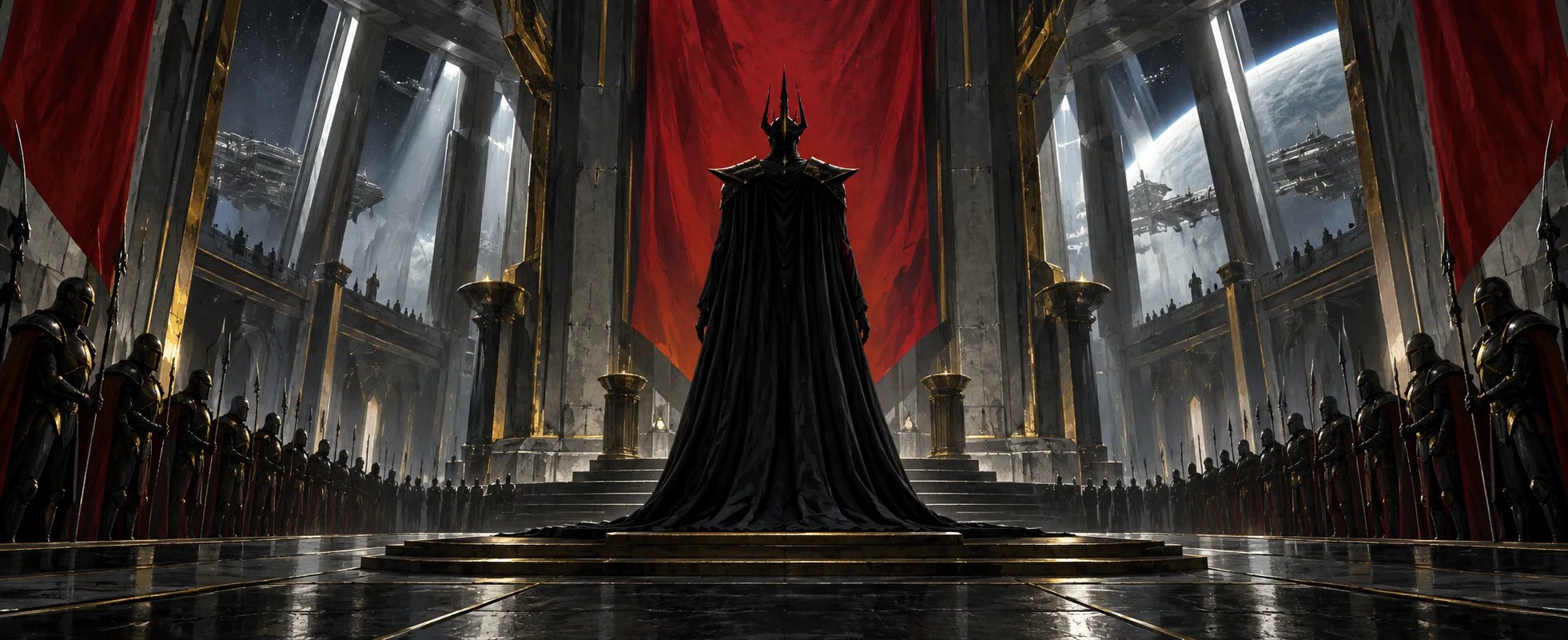 A tall hooded figure on a throne fills the end of a vast hall lined with armoured guards, a planet beyond the windows.