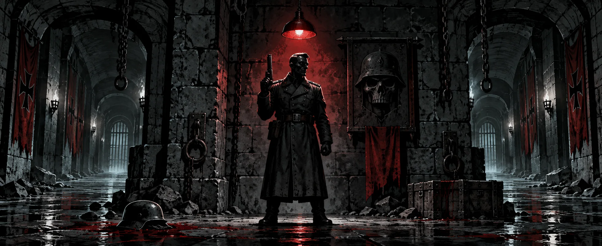 A shadowy officer in a long coat stands in a red-lit castle dungeon hung with banners.