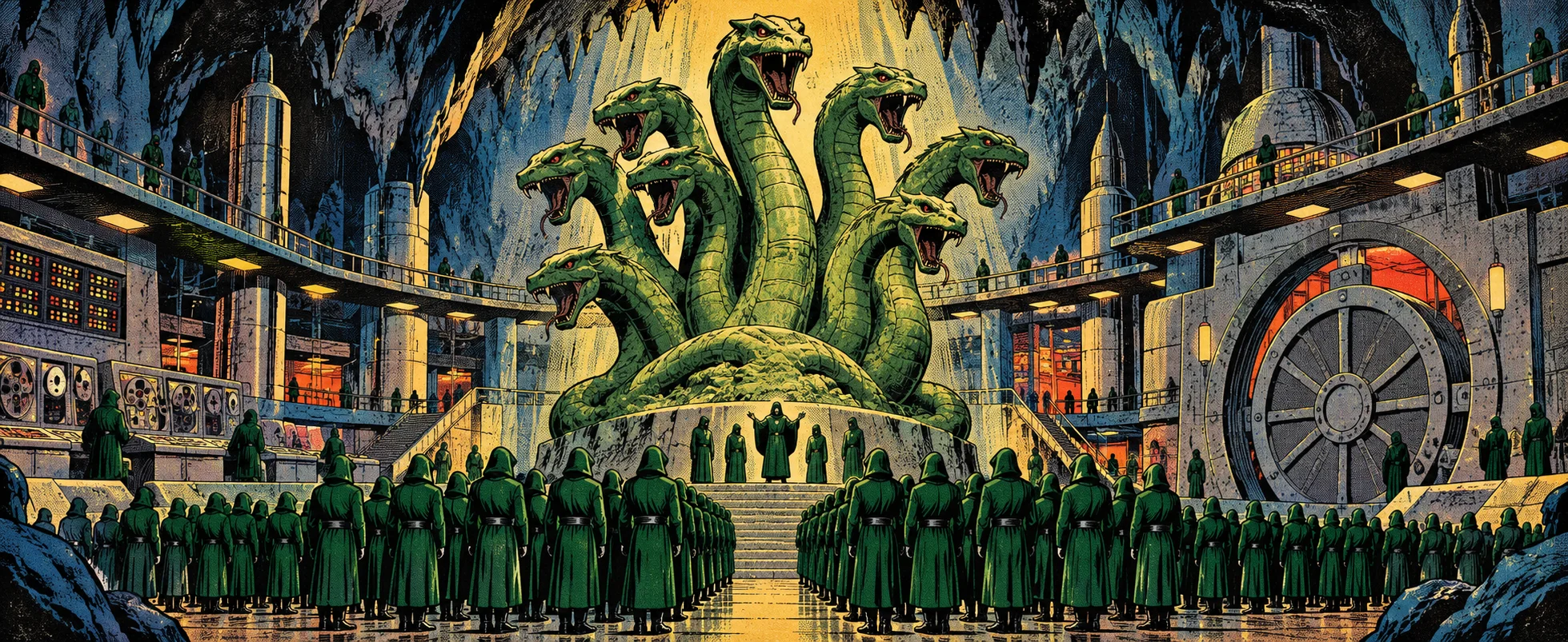 Ranks of hooded figures in green uniforms gather before a towering statue of a many-headed serpent in a vast underground lair of computers and a round vault door.