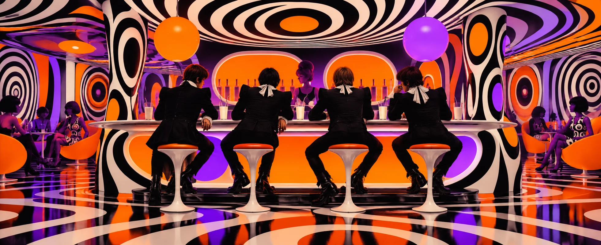 Four young men in black with white cravats sit on stools at a milk bar of swirling black-and-white op-art patterns and orange and purple lights.