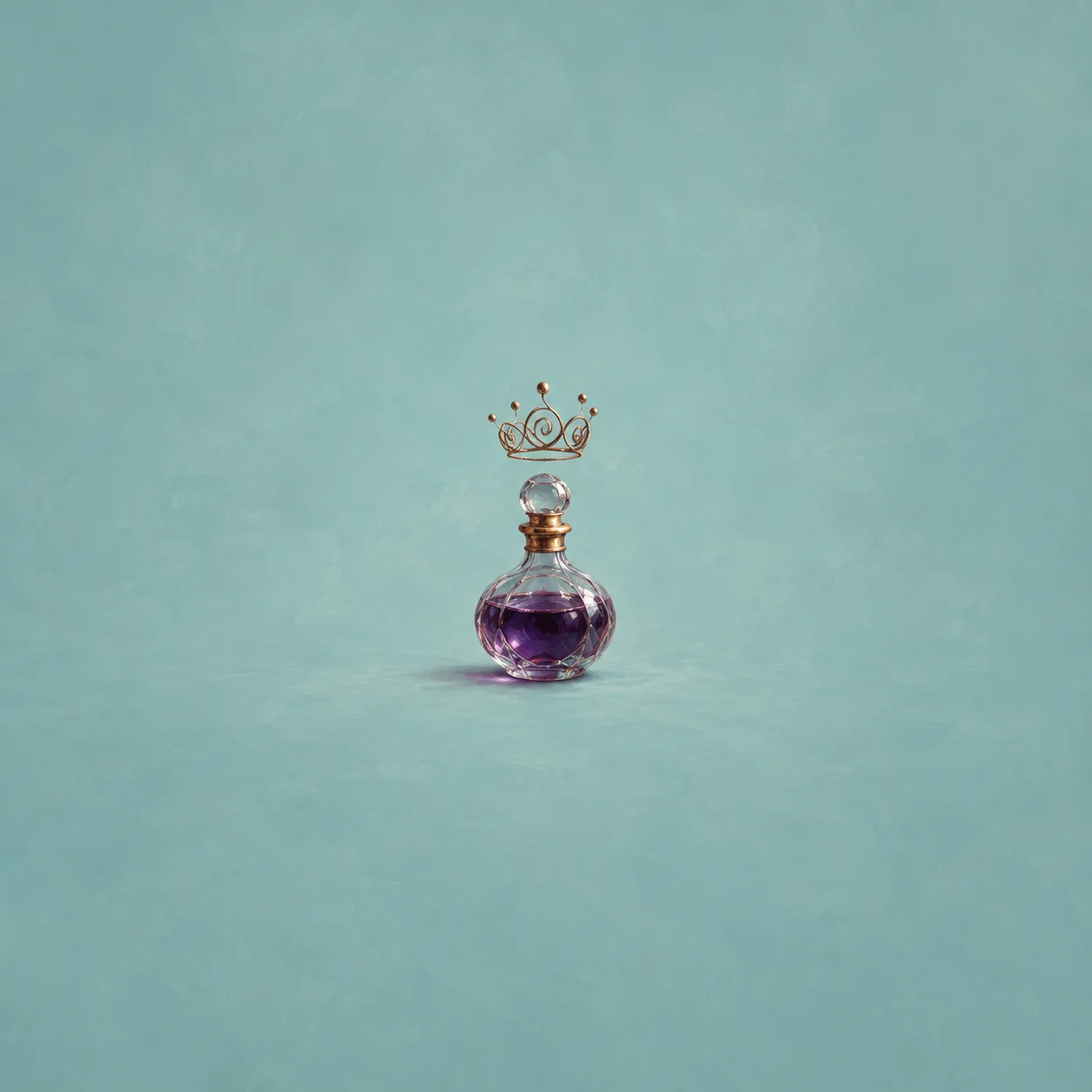 A glass decanter filled with violet liquid beneath a floating crown of wire spirals.