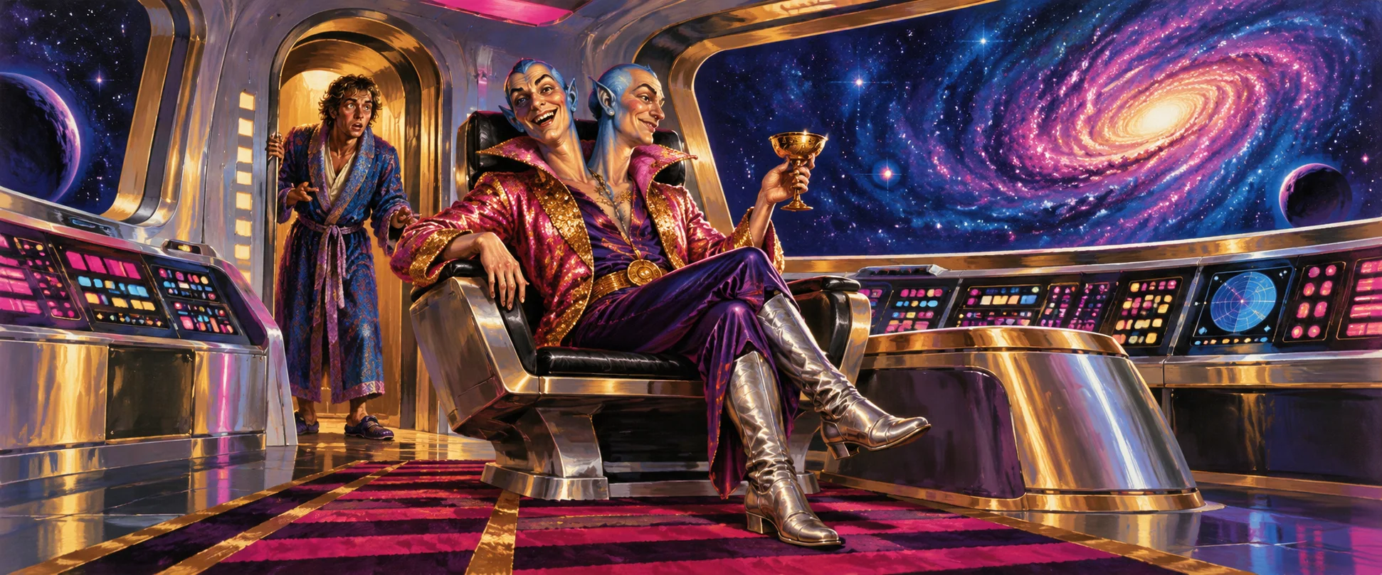 Two hitchhikers in dressing gowns meet a grinning two-headed man on a glittering starship bridge.