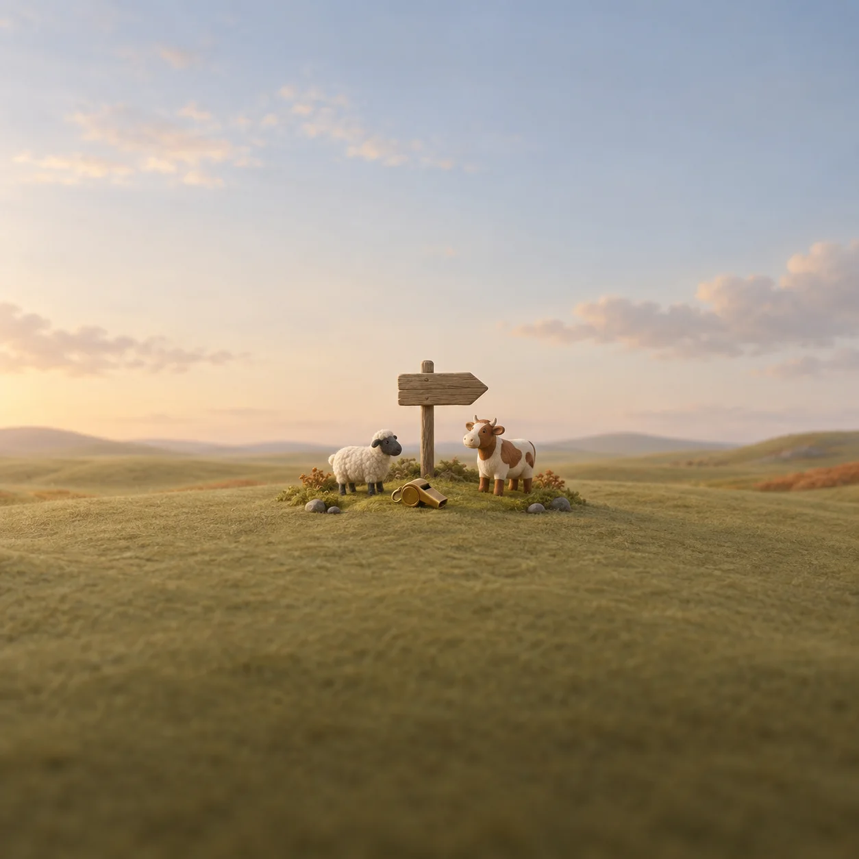 A toy sheep and cow stand beside a blank wooden arrow sign and a small brass whistle in a grassy landscape.