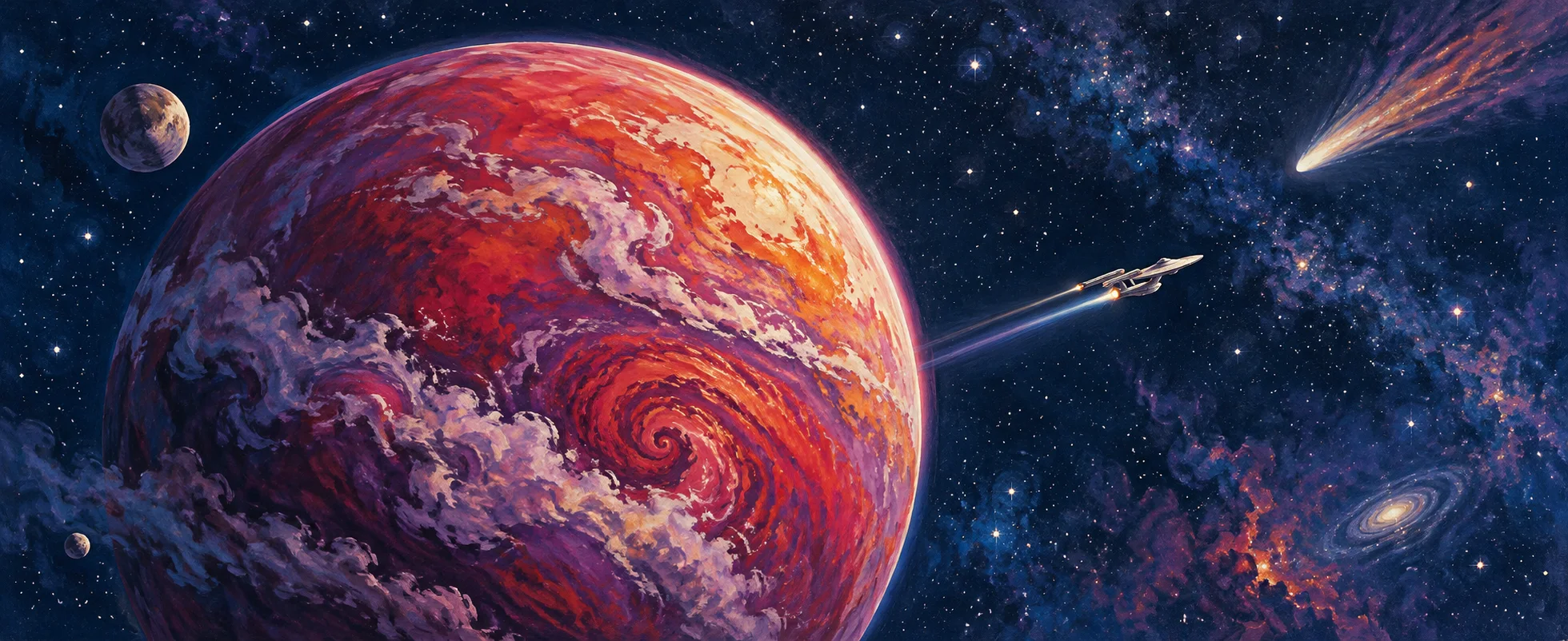 A tiny silvery starship speeds past a huge swirling red-and-purple planet in a 1960s-style painted starfield, a comet streaking by.