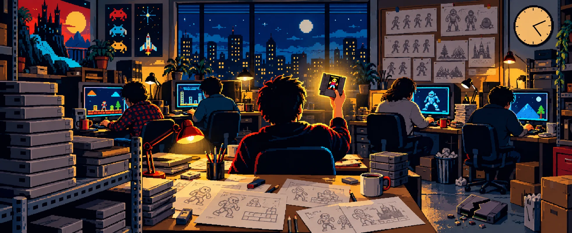 Game developers work late in a cluttered 1980s studio of pixel-art screens, sprite sketches and cartridge boxes, one holding up a drawing.