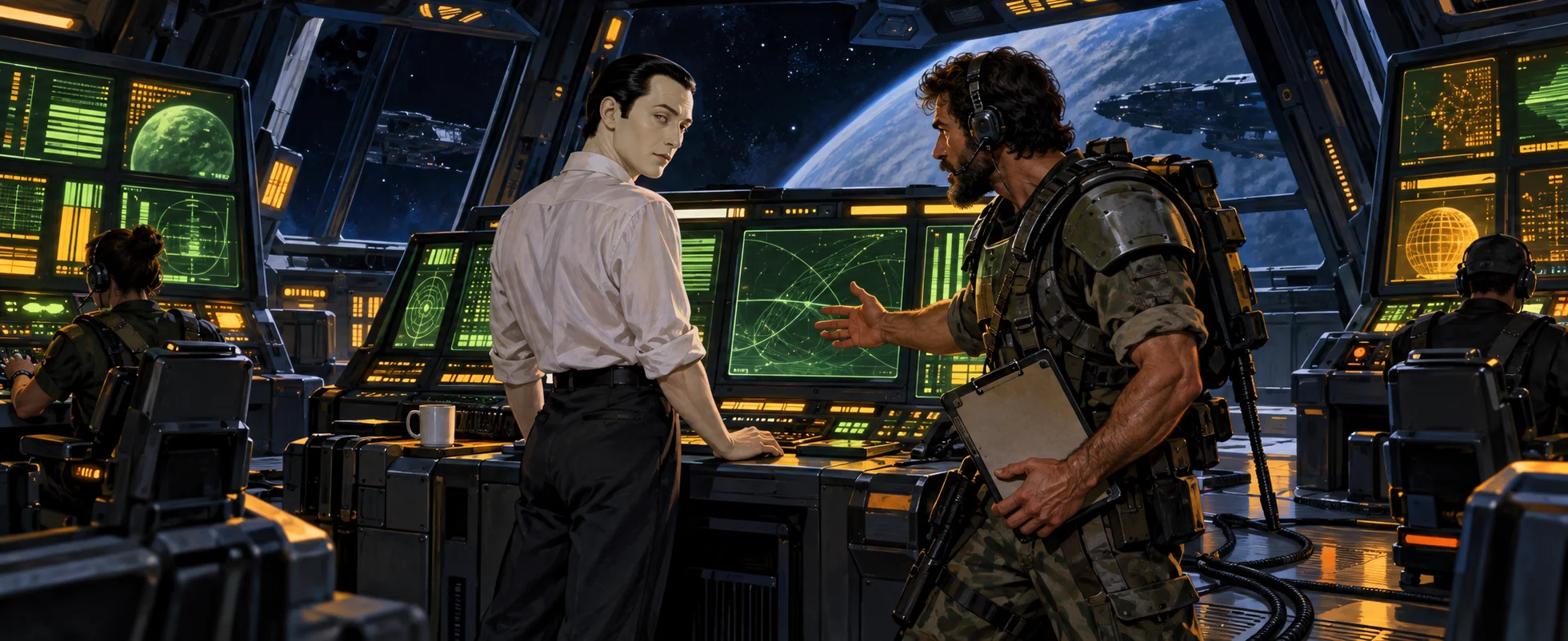 A pale android and a marine in armour study green screens in a starship's command deck.